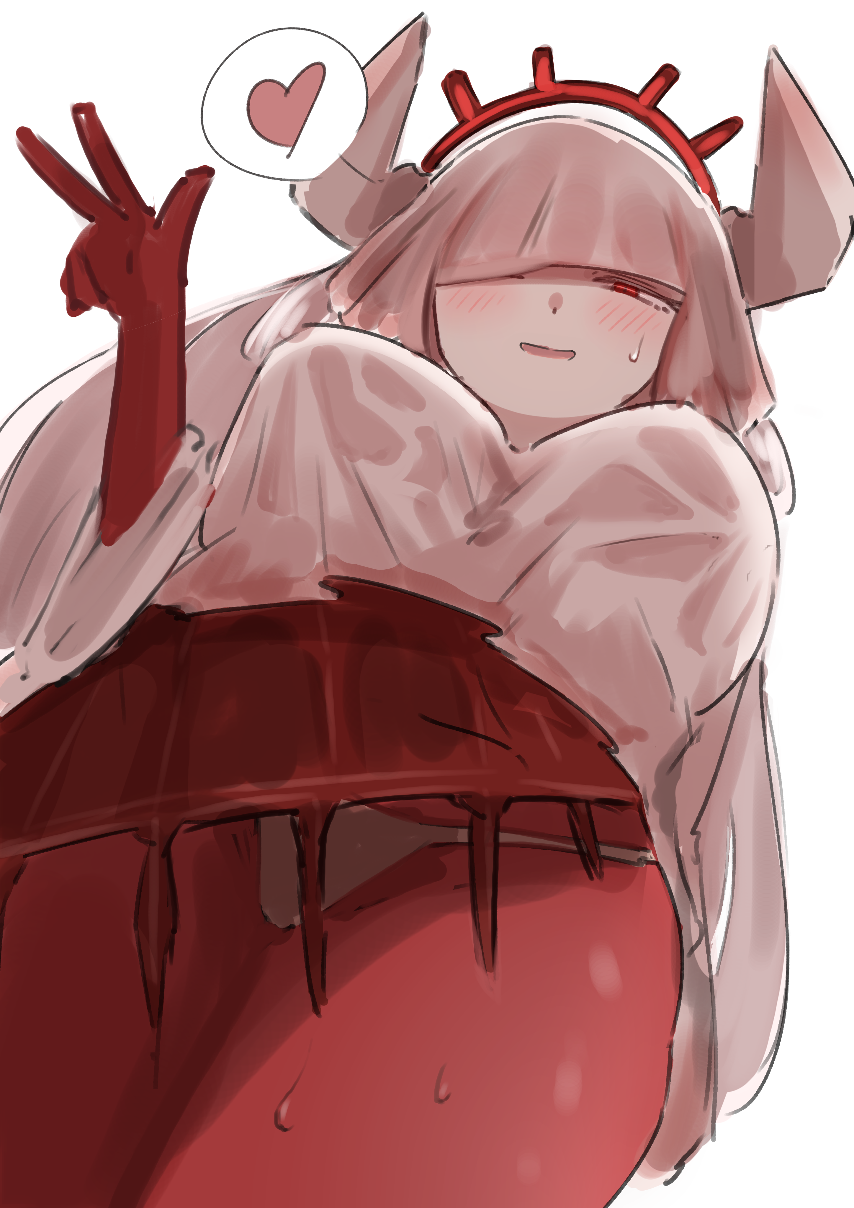 1girls, aged up, ambiguous gender, blush, breasts, closed mouth, colored extremities, colored skin, covered eyes, dress, genderswap (otf), halo, heart, horn, horns, large breasts, limbus company, looking at viewer, looking down, multicolored body, multicolored skin, pale skin, pale-skinned female, panties, pantyshot, project moon, pwie (limbus company), red eyes, red halo, red skin, simple background, smile, smiling at viewer, solo, solo female, solo focus, spoken heart, sweatdrop, v sign, veil, white background, white dress, white hair, white horns