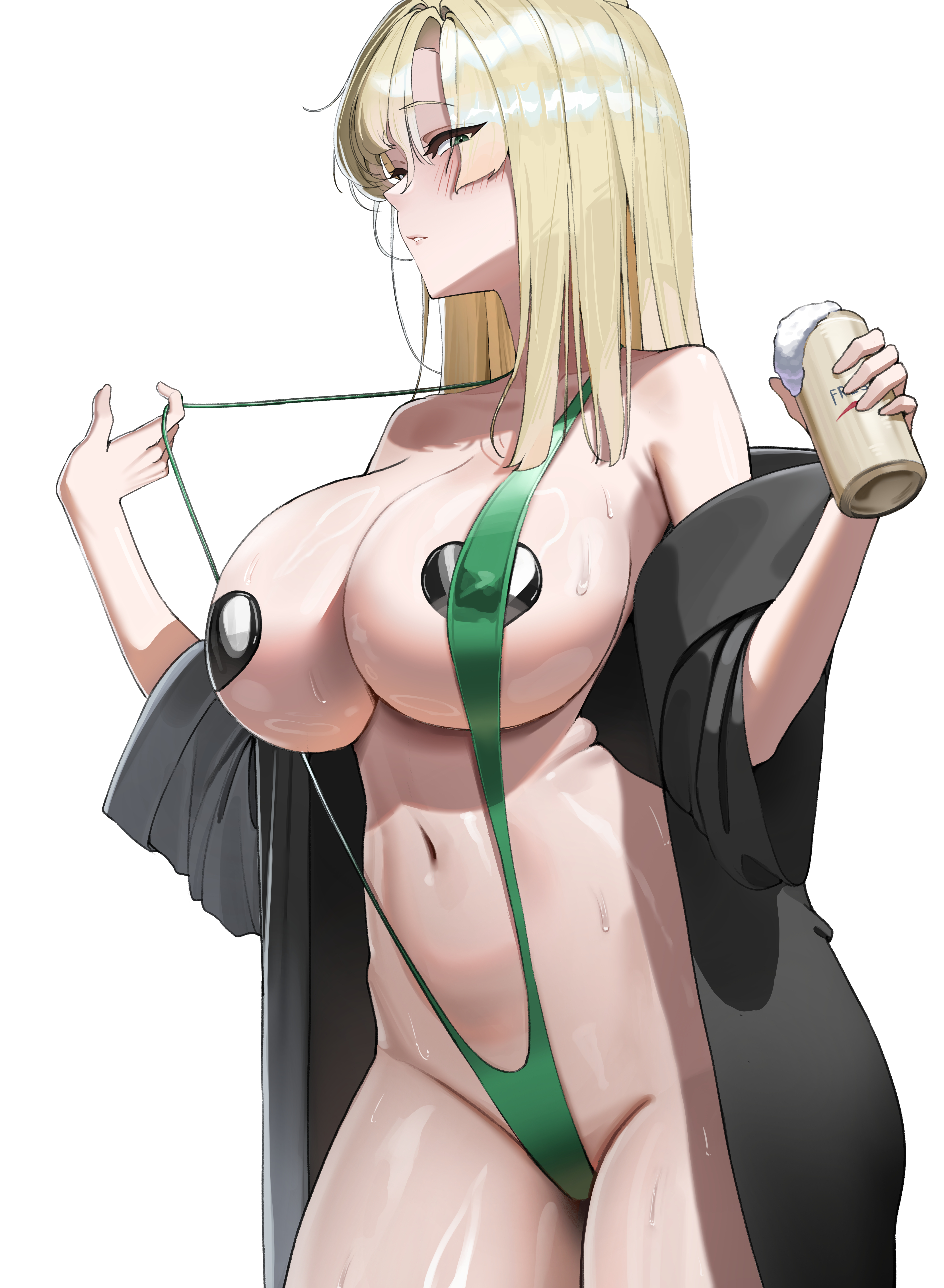1girl, absurdres, black robe, blonde female, blonde hair, breasts, commentary, draco malfoy (redteneri), genderswap, genderswap (mtf), green slingshot swimsuit, harry potter (series), heart pasties, highres, large breasts, light skin, light-skinned female, long hair, navel, pasties, robe, rule 63, simple background, slingshot swimsuit, solo, stomach, swimsuit, very long hair, white background, wizarding world
