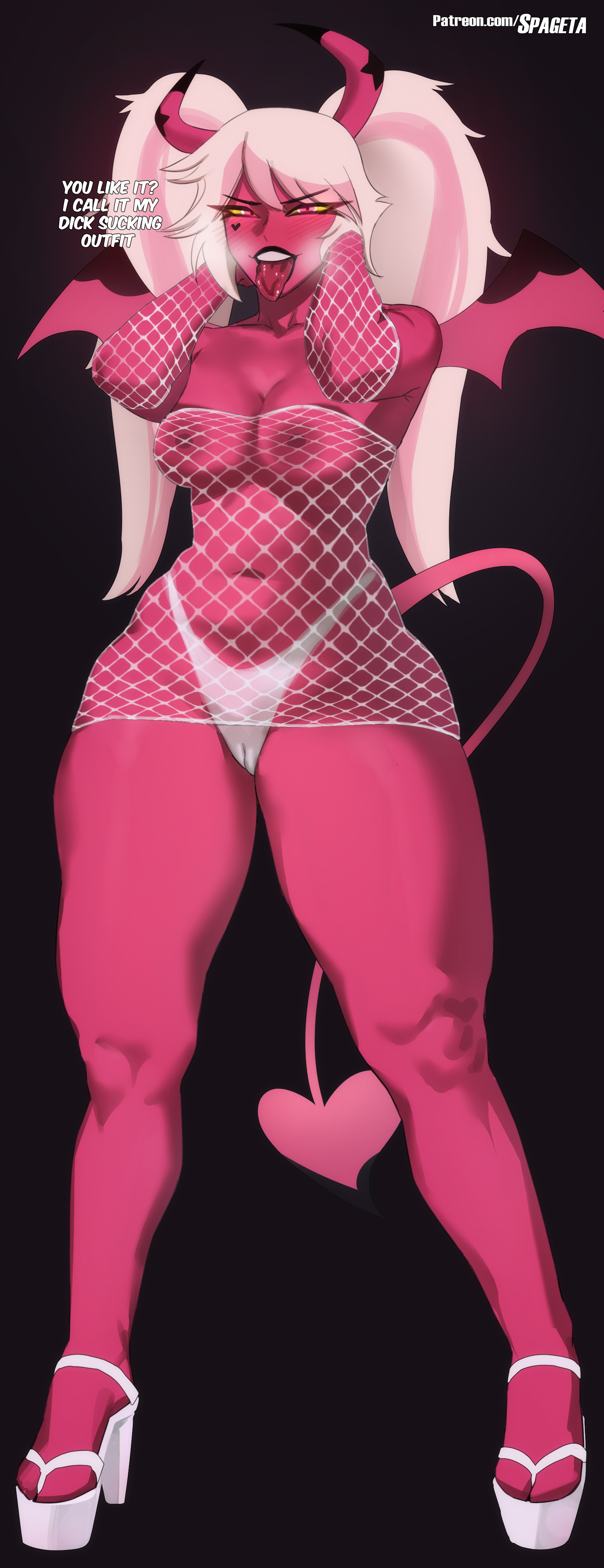 1girls, armwear, bimbo, bottomwear, bra, demon, demon girl, demon horns, demon tail, elbow gloves, female, female only, garter belt, garter straps, gloves, helluva boss, high resolution, highres, horns, legwear, lingerie, on side, panties, pink body, pink eyes, pink hair, pink skin, solo, solo female, spageta, tail, thigh, thighhighs, topwear, verosika mayday (helluva boss), white bra, white garter belt, white gloves, white panties, white thighhighs, yellow sclera