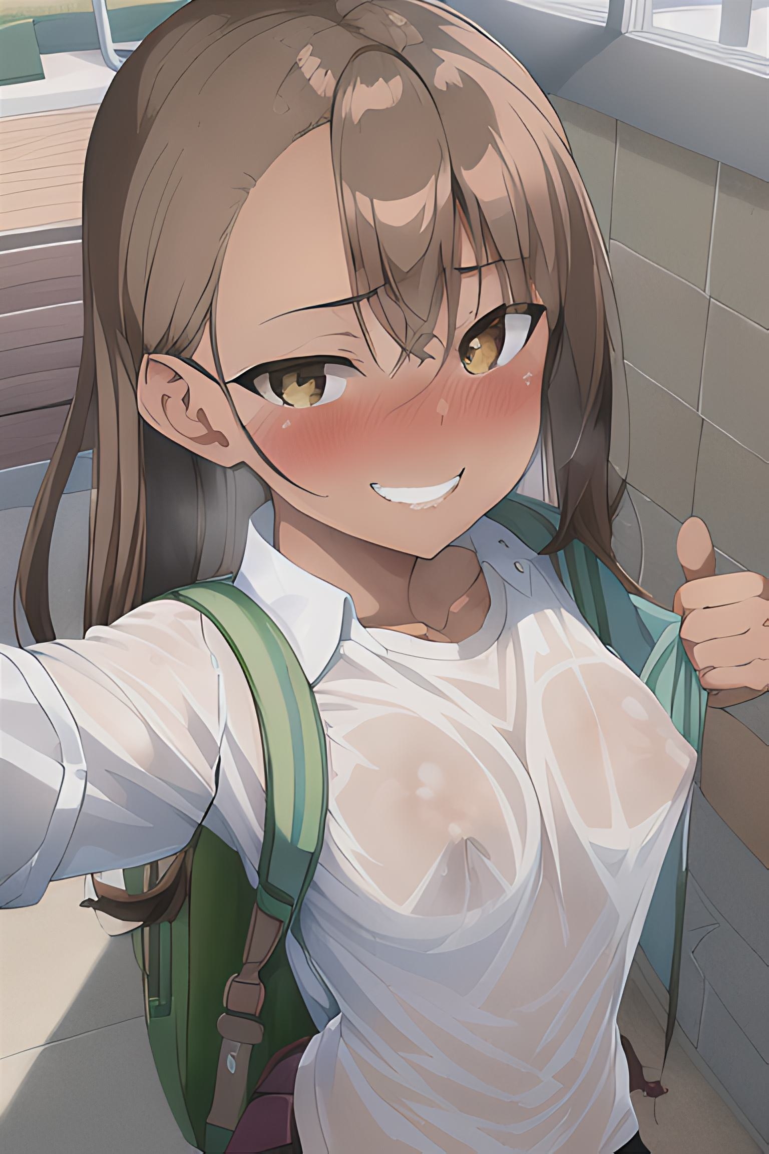 1girls, ai generated, areolae, black hair, blush, breasts, brown eyes, clothed, clothing, female, female focus, female only, hayase nagatoro, hi res, highres, long hair, looking at viewer, maicon zuuuper, nipples, please don't bully me, nagatoro, revealing clothes, school uniform, simple background, small breasts, smile, solo, tan, tan body, tan skin, tan-skinned female, tanned, tanned female, transparent clothing