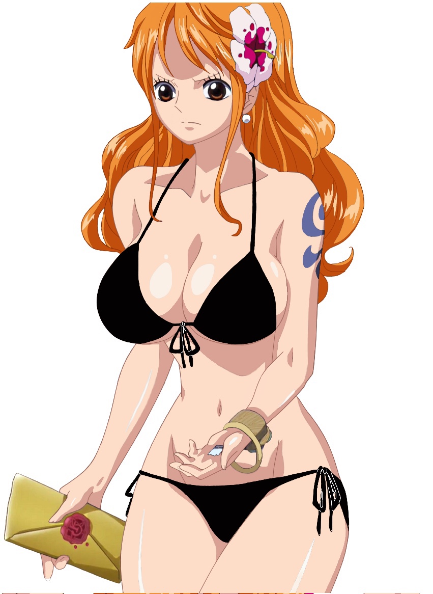 big_breasts black_bikini brown_eyes dotvibe female female_only flower_in_hair frown_eyebrows holding_object nami one_piece one_piece_film_gold orange_hair pearl_earrings post-timeskip serious_look side_tie_bikini_bottom tattooed_arm tied_bikini_top white_background