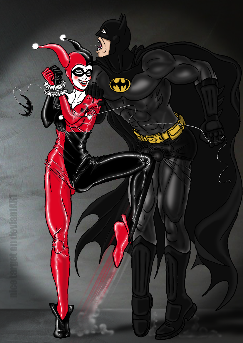 ballbusting batman batman_(series) dc dc_comics defeated female fighting harley_quinn instant_loss kneeing_balls male nicetarget screaming shocked