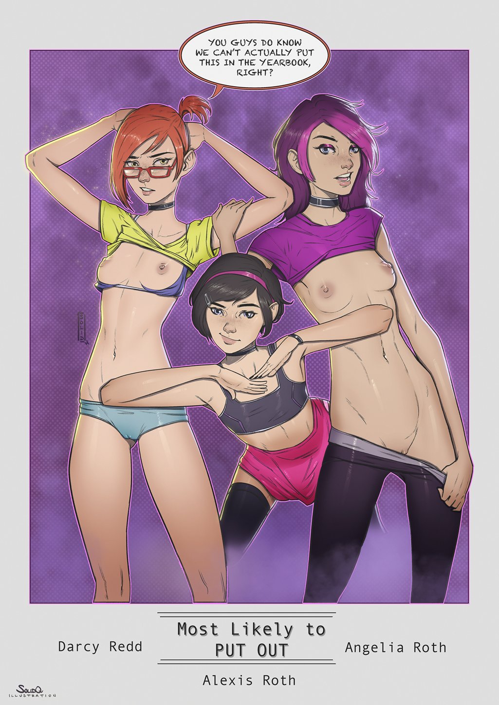 1boy 2girls alexis_(andava) andavaverse breasts_out darcy_redd english_text femboy pelo pose purple_hair short_hair small_breasts solidq young