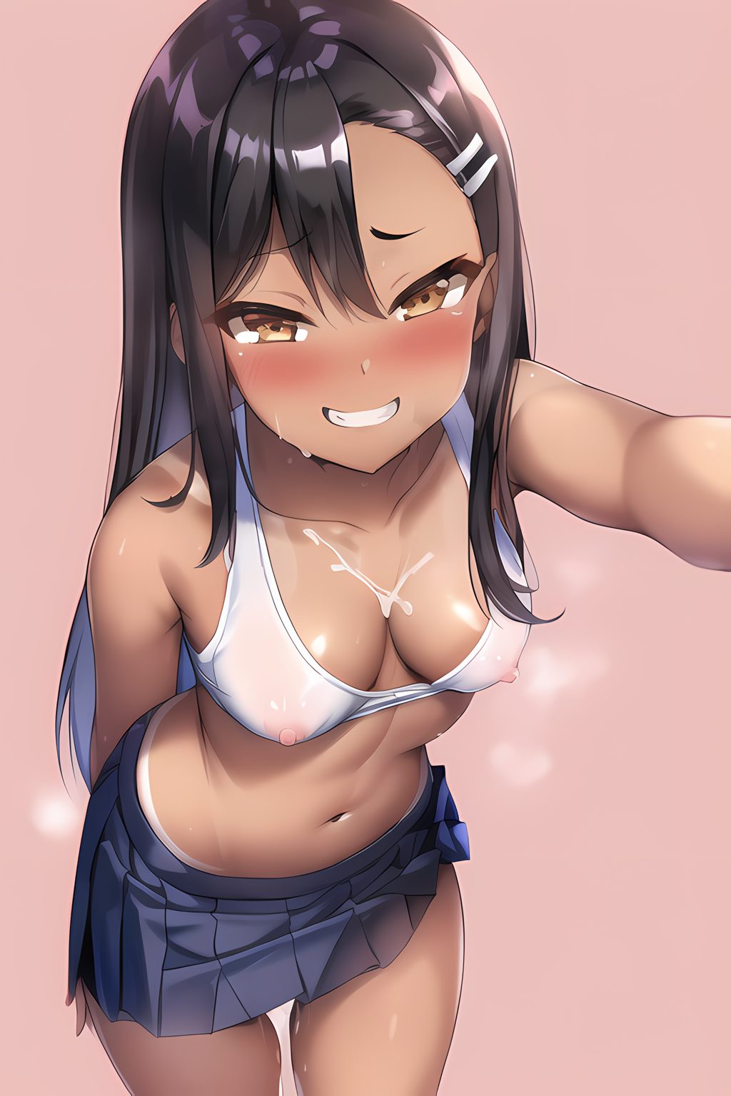 1girls, ai generated, areolae, black hair, blush, breasts, brown eyes, clothed, clothing, female, female focus, female only, hayase nagatoro, hi res, highres, long hair, looking at viewer, mysterious account (artist), nipples, please don't bully me, nagatoro, revealing clothes, school uniform, schoolgirl, simple background, skirt, small breasts, smile, solo, sweat, tan, tan body, tan skin, tan-skinned female, tanned, tanned female, transparent clothing