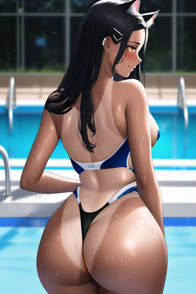1girls, ai generated, ass, big ass, black hair, blush, breasts, brown eyes, cat ears, cat girl, catgirl, clothed, clothing, female, female focus, female only, hayase nagatoro, hi res, highres, long hair, looking at viewer, looking back, please don't bully me, nagatoro, pool, poolside, pose, r3n3 228, revealing clothes, sideboob, simple background, small breasts, solo, swimsuit, tan, tan body, tan skin, tan-skinned female, tanline, tanned, tanned female, wet