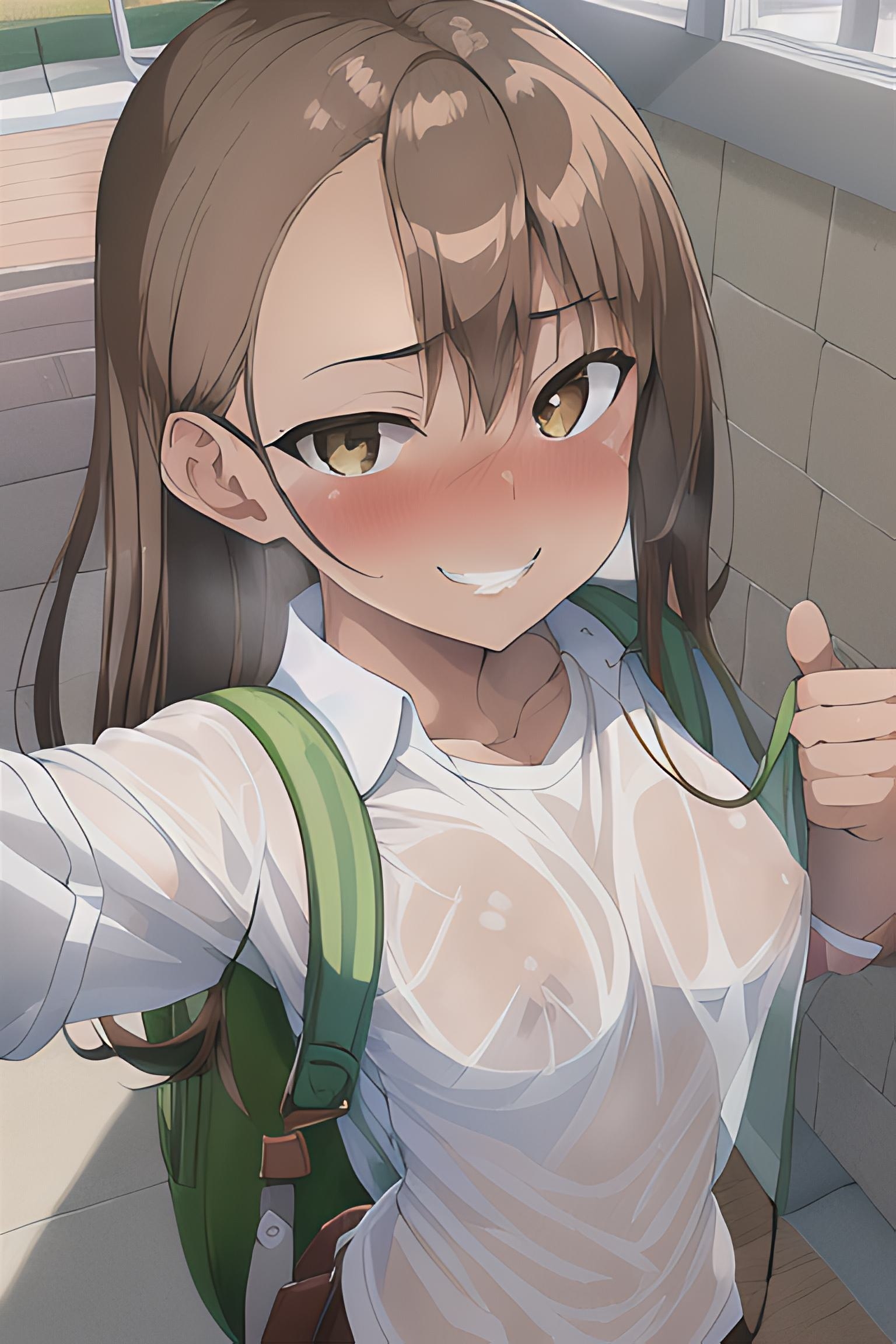 1girls, ai generated, areolae, black hair, blush, breasts, brown eyes, clothed, clothing, female, female focus, female only, hayase nagatoro, hi res, highres, long hair, looking at viewer, maicon zuuuper, nipples, please don't bully me, nagatoro, revealing clothes, school uniform, simple background, small breasts, smile, solo, tan, tan body, tan skin, tan-skinned female, tanned, tanned female, transparent clothing, wet clothes