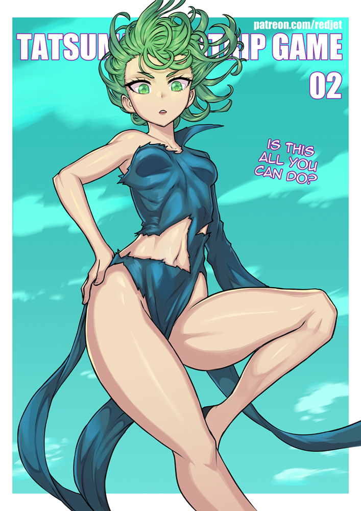 1girls, bare legs, bare shoulders, black dress, bottomless, breasts, dress, english text, female, female only, green hair, green-haired female, high heels, one-punch man, part 2, pelvic curtain, redjet, ripped clothing, small breasts, solo, strip game, tagme, tatsumaki, teasing, white skin