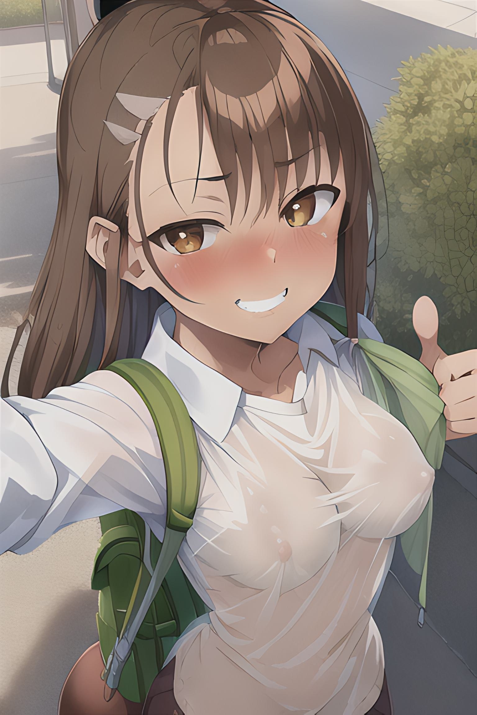 1girls, ai generated, areolae, black hair, blush, breasts, brown eyes, clothed, clothing, female, female focus, female only, hayase nagatoro, hi res, highres, long hair, looking at viewer, maicon zuuuper, nipples, please don't bully me, nagatoro, revealing clothes, school uniform, simple background, small breasts, smile, solo, tan, tan body, tan skin, tan-skinned female, tanned, tanned female, transparent clothing