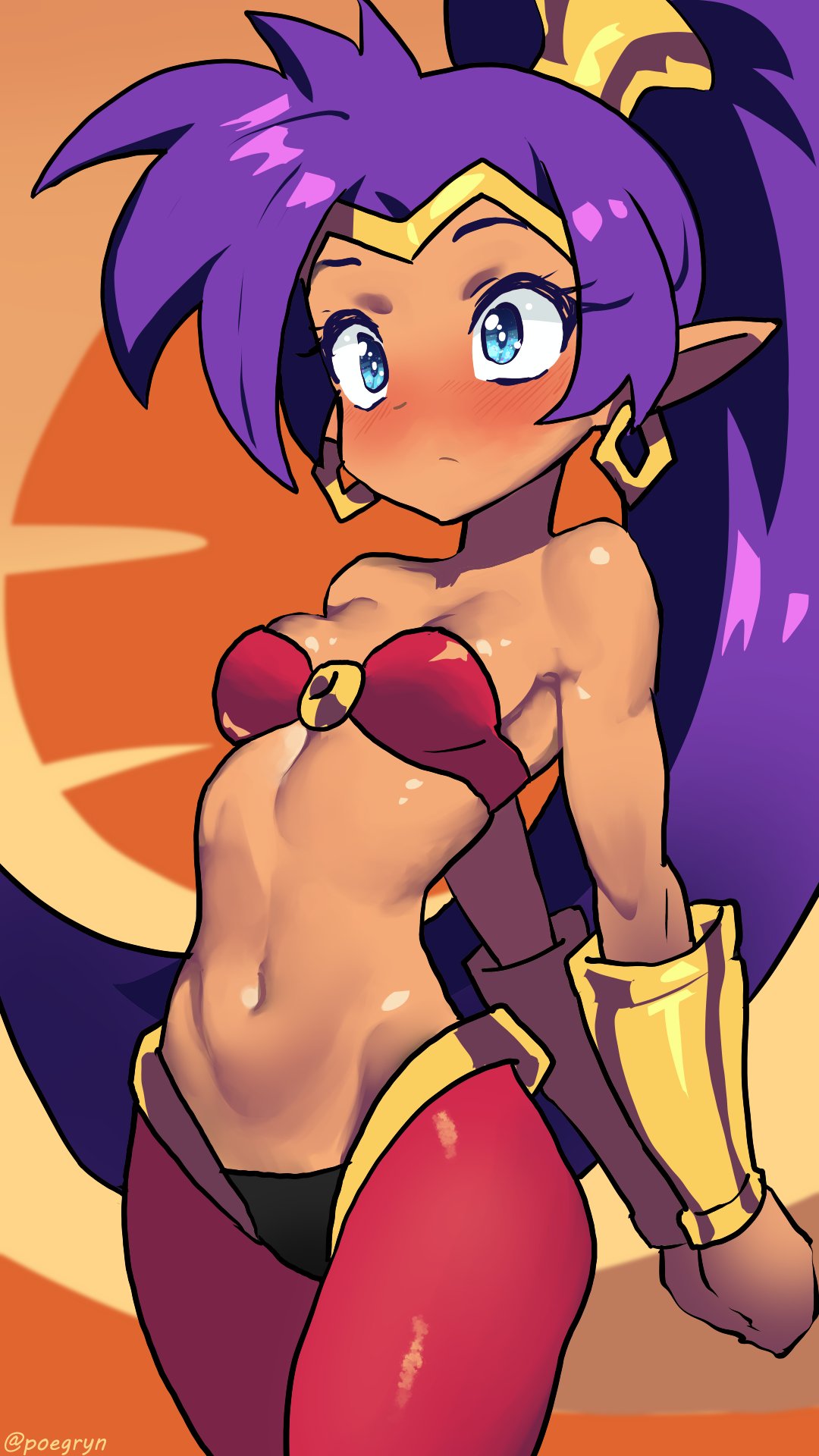 1girls 2d blue_eyes blush bra breasts earrings female female_only jewelry long_hair poegryn pointy_ears ponytail purple_hair shantae shantae_(character) shiny_skin