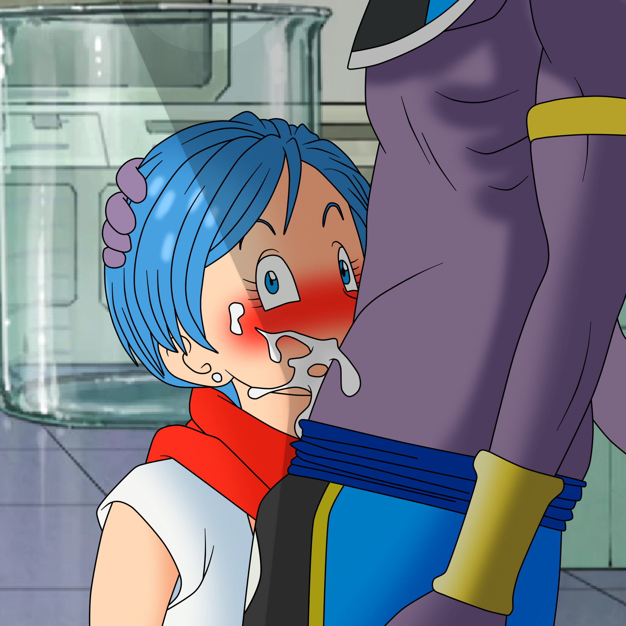 1boy, 1girls, 2021, all the way to the base, anthro, anthro on human, beerus, blue eyes, blue hair, blush, bulma briefs, clothing, cum, cum in mouth, cum in throat, cum inside, cum on face, cute, deepthroat, deepthroat holder, dragon ball, dragon ball super, embarrassed, facial, fellatio, female, furry, hand on head, highres, kneeling, male, oral, penis, red scarf, scarf, setthh98, shirt, shocked, short hair, skinny, slim, straight, surprised, throatpie