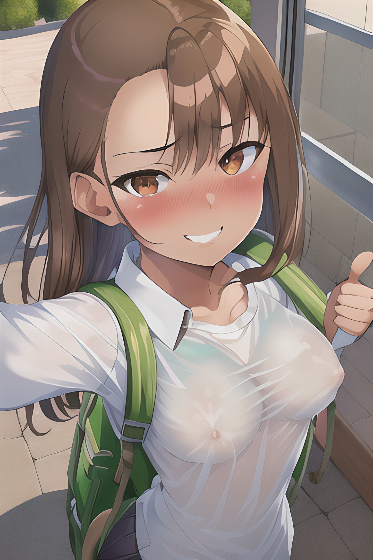 1girls, ai generated, areolae, black hair, blush, breasts, brown eyes, clothed, clothing, female, female focus, female only, hayase nagatoro, hi res, highres, long hair, looking at viewer, maicon zuuuper, nipples, please don't bully me, nagatoro, revealing clothes, school uniform, simple background, small breasts, smile, solo, tan, tan body, tan skin, tan-skinned female, tanned, tanned female, transparent clothing