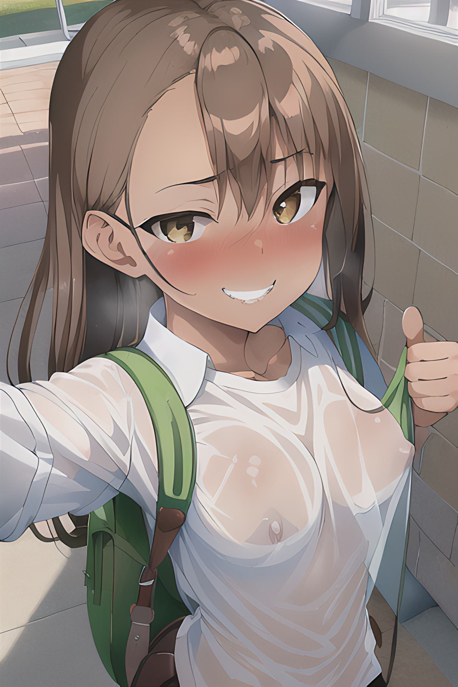 1girls, ai generated, areolae, black hair, blush, breasts, brown eyes, clothed, clothing, female, female focus, female only, hayase nagatoro, hi res, highres, long hair, looking at viewer, maicon zuuuper, nipples, please don't bully me, nagatoro, revealing clothes, school uniform, simple background, small breasts, smile, solo, tan, tan body, tan skin, tan-skinned female, tanned, tanned female, transparent clothing