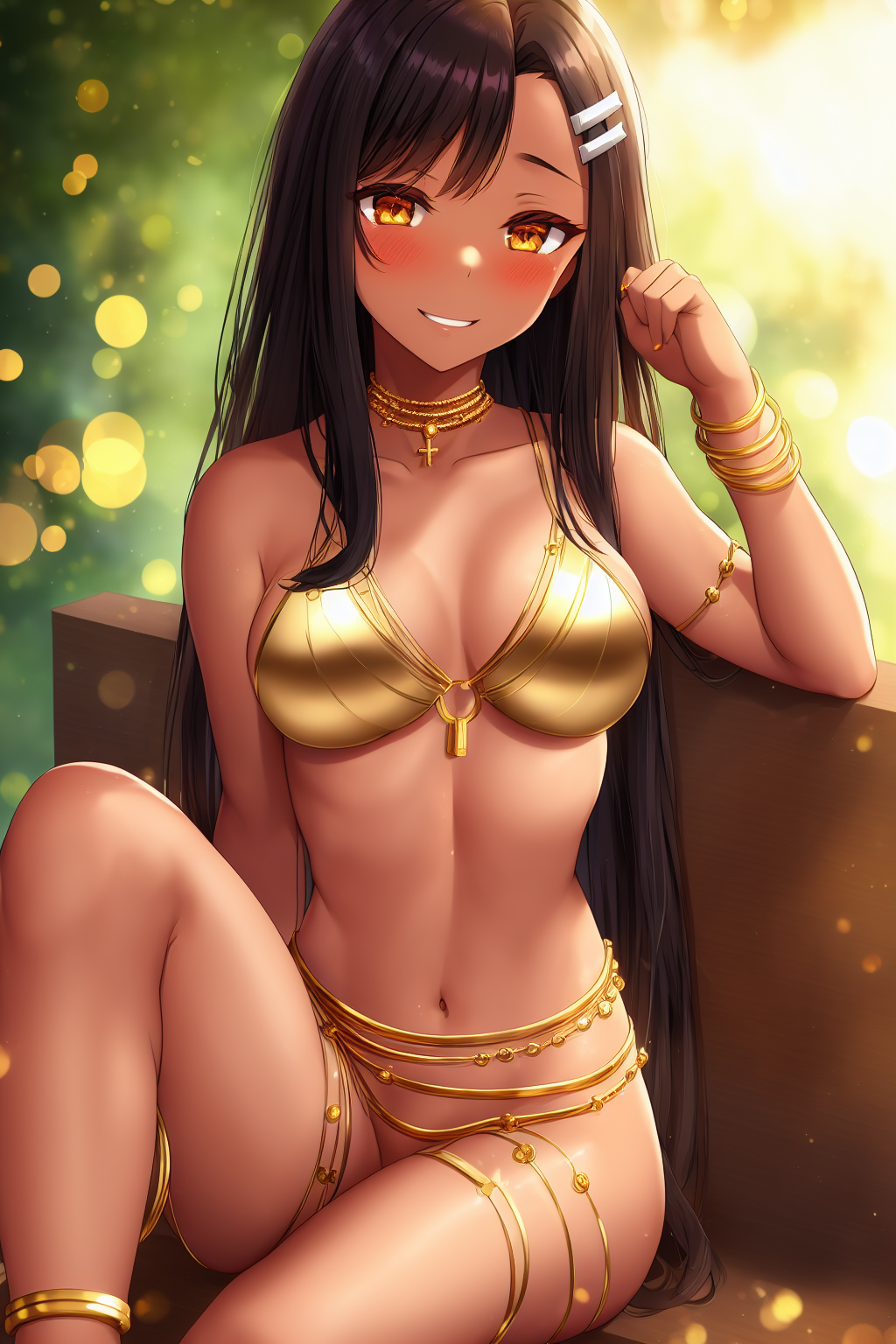 1girls ai_generated big_breasts black_hair blush breasts brown_eyes clothed clothing curvy egyptian egyptian_clothes female female_focus female_only hayase_nagatoro hi_res highres long_hair looking_at_viewer nai_diffusion navel pixiz-sama please_don't_bully_me,_nagatoro revealing_clothes simple_background smile solo stable_diffusion tan tan-skinned_female tan_body tan_skin tanned tanned_female wide_hips