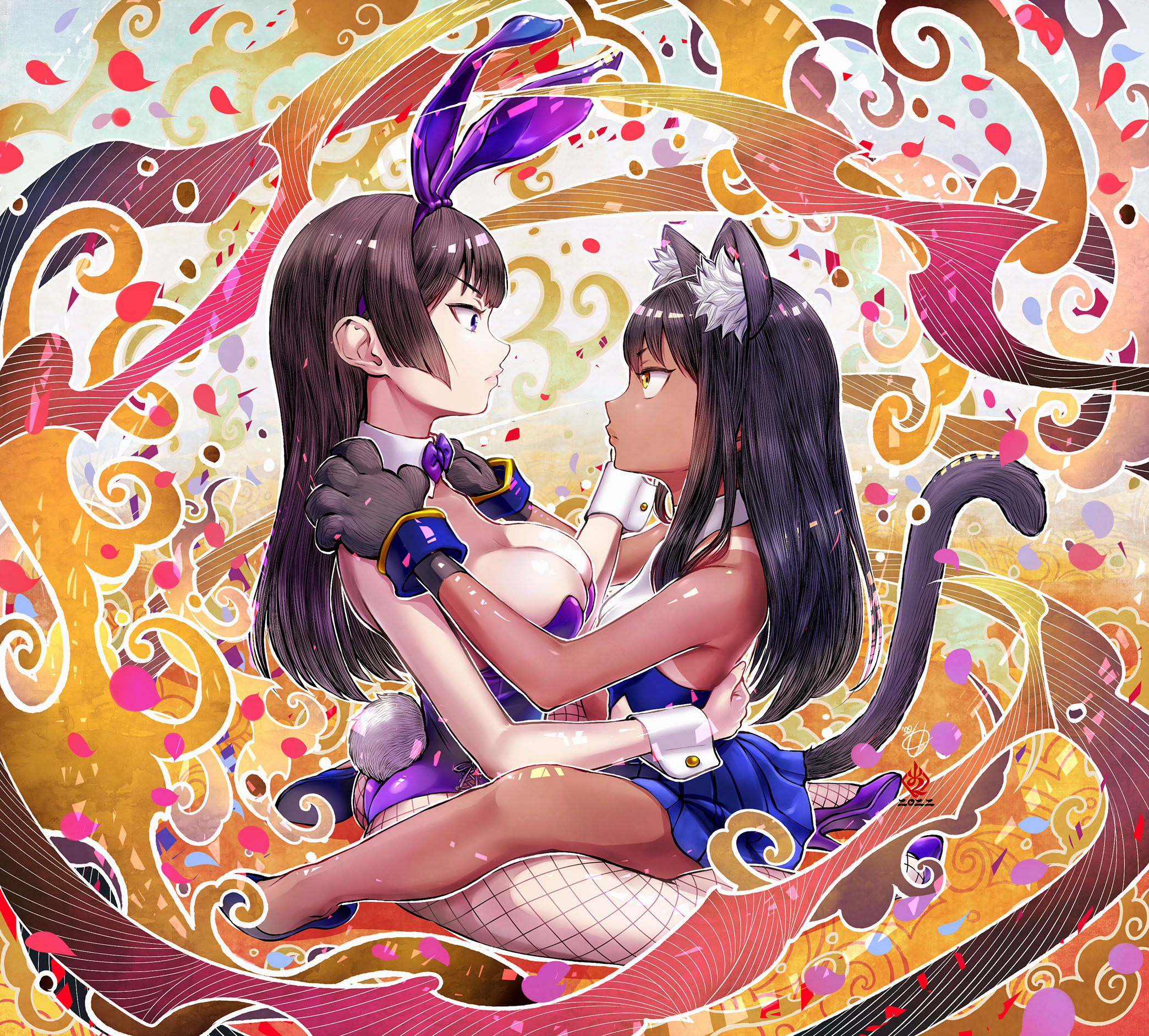 2girls, amaguchi chiyoko, big breasts, black hair, breasts, brown eyes, bunny ears, bunnysuit, cat ears, cat girl, cat tail, catfight, catgirl, cleavage, clothed, clothing, curvy, detailed background, female, female focus, female only, hayase nagatoro, hi res, highres, long hair, multiple females, multiple girls, please don't bully me, nagatoro, president (nagatoro), revealing clothes, sana sunomiya, small breasts, stare, tan, tan body, tan skin, tan-skinned female, tanline, tanned, tanned female, wide hips, yuri