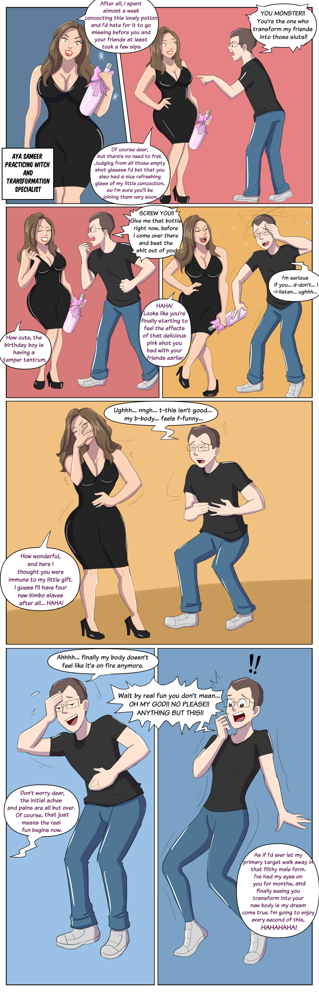 1boy, before transformation, comic, female, kittymellow, male, pre-transformation, transformation, witch