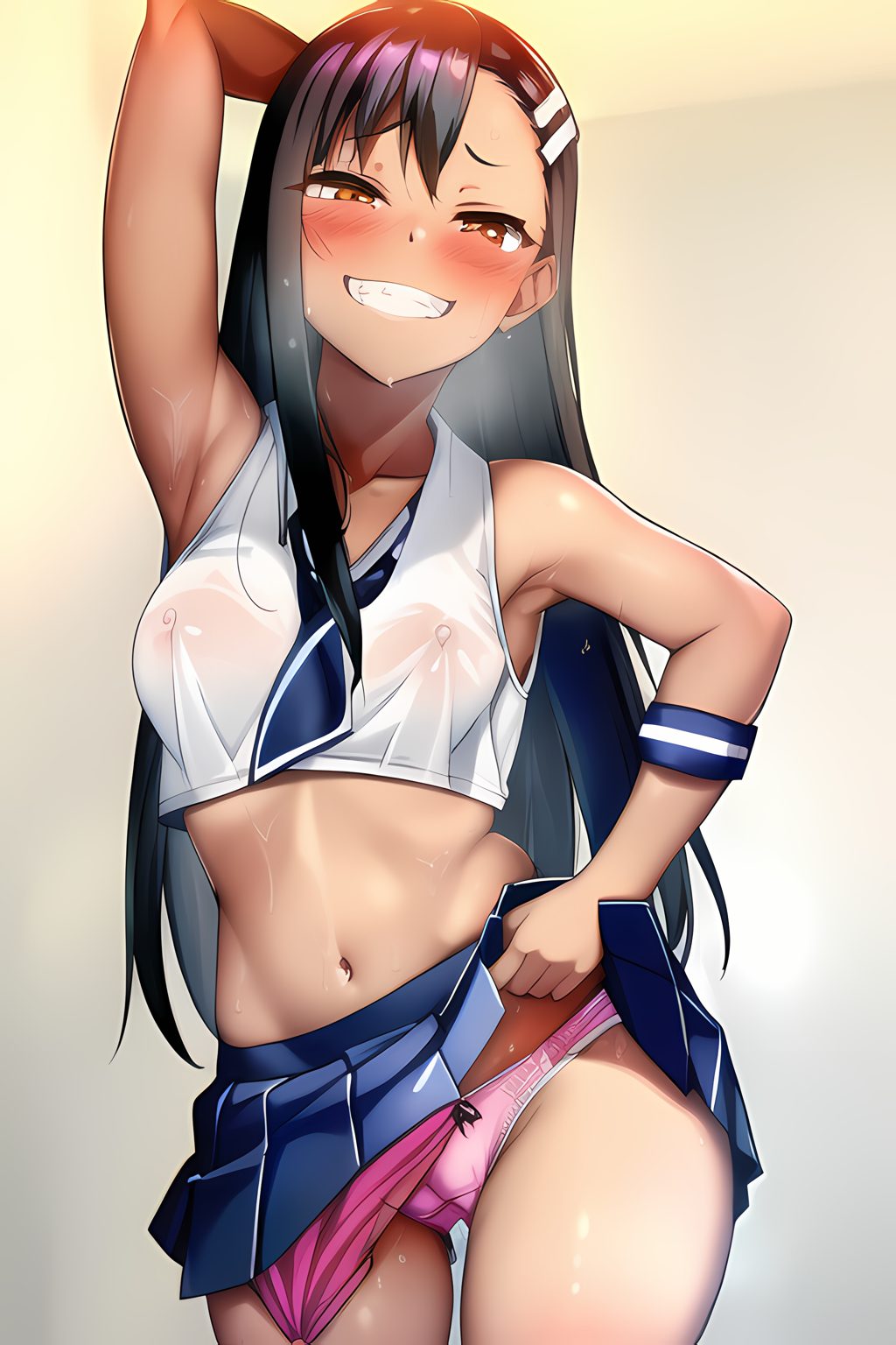 1girls, ai generated, areolae, arm up, armpit crease, armpit fetish, armpit peek, armpit pose, armpit sex invitation, armpits, black hair, blush, breasts, brown eyes, clothed, clothing, female, female focus, female only, hayase nagatoro, hi res, highres, long hair, looking at viewer, mysterious account (artist), nipples, please don't bully me, nagatoro, presenting armpit, presenting armpits, revealing clothes, school uniform, schoolgirl, simple background, skirt, skirt lift, small breasts, smile, solo, sweat, tan, tan body, tan skin, tan-skinned female, tanned, tanned female, transparent clothing, underwear