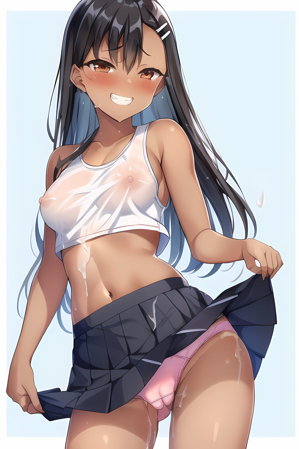 1girls, ai generated, areolae, black hair, blush, breasts, brown eyes, clothed, clothing, female, female focus, female only, hayase nagatoro, hi res, highres, long hair, looking at viewer, mysterious account (artist), nipples, please don't bully me, nagatoro, revealing clothes, school uniform, schoolgirl, simple background, skirt, skirt lift, small breasts, smile, solo, sweat, tan, tan body, tan skin, tan-skinned female, tanned, tanned female, transparent clothing, underwear, wet clothes