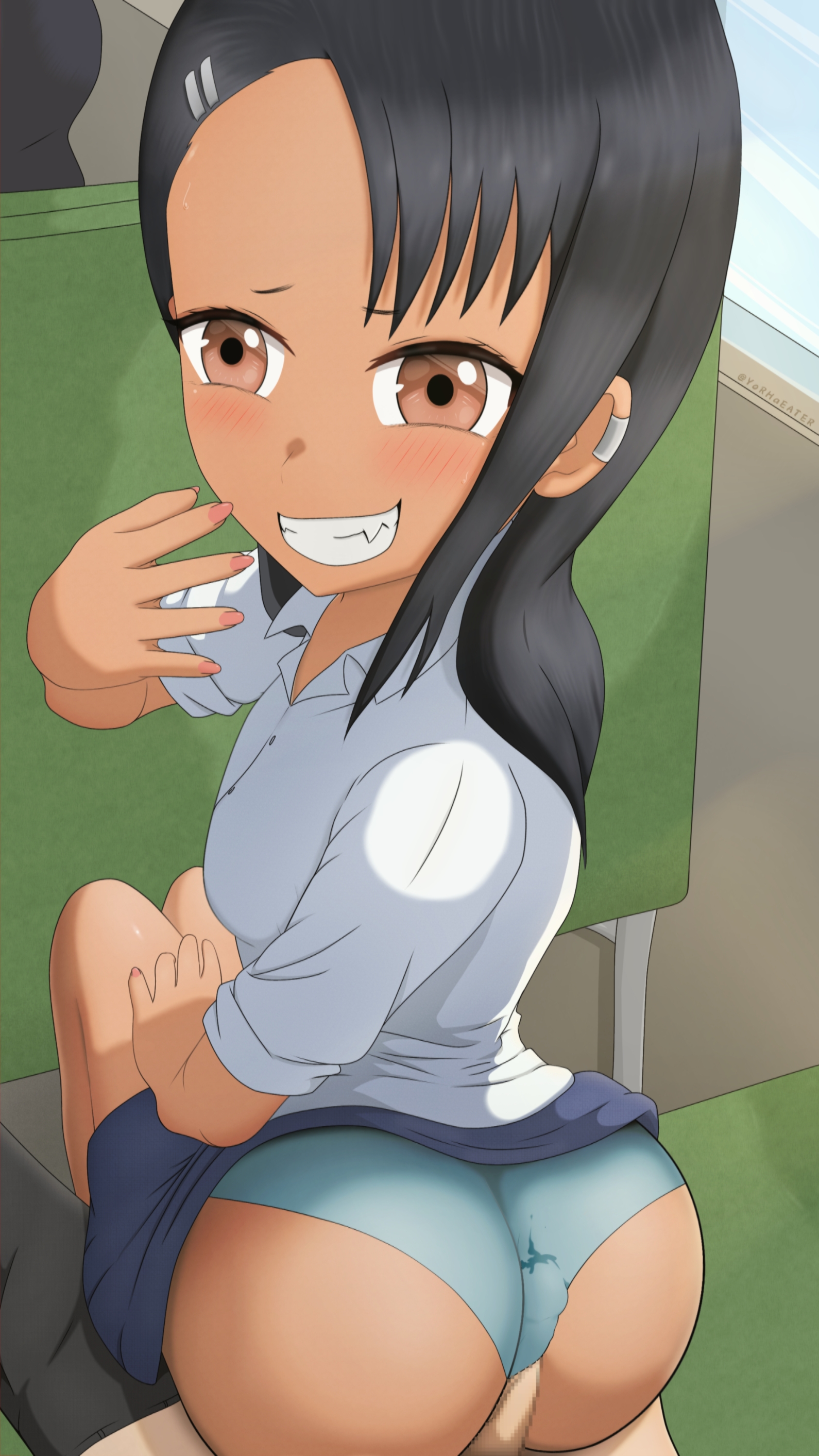 1boy, 1girls, ass, assjob, big ass, big fucking forehead, black hair, breasts, brown eyes, buttjob, buttjob under clothes, clothed, clothing, female, hayase nagatoro, hi res, highres, long hair, looking at viewer, looking back, male, naoto hachioji (senpai), penis, penis caught in panties, penis under another's clothes, please don't bully me, nagatoro, revealing clothes, simple background, skirt, small breasts, smile, tan, tan body, tan skin, tan-skinned female, tanline, tanned, tanned female, yorhaeater