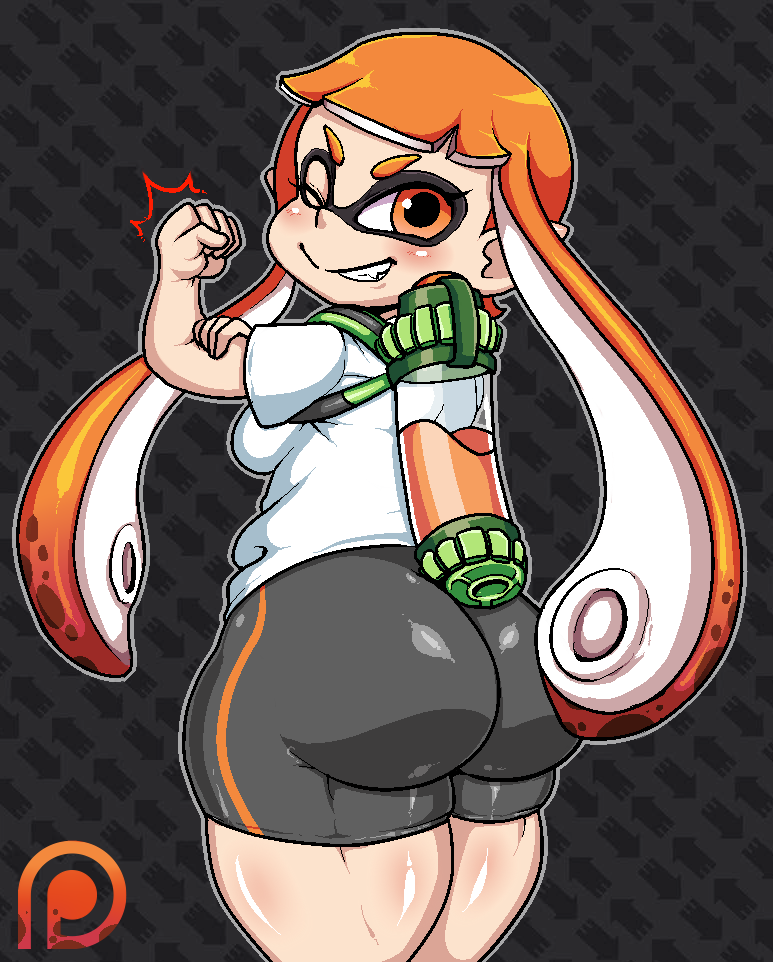 animal_humanoid anthro ass ass_focus big_ass bike_shorts cephalopod cephalopod_humanoid female female_focus female_only fist_pump humanoid inkling inkling_girl kaori_(splatoon) lollipopcon mask_(marking) nintendo oerba_yun_fang orange_eyes orange_hair pointy_ears pseudo_hair shorts spats splatoon splatoon_(series) squid tentacle tentacle_hair thick_thighs thighs white_t-shirt wink