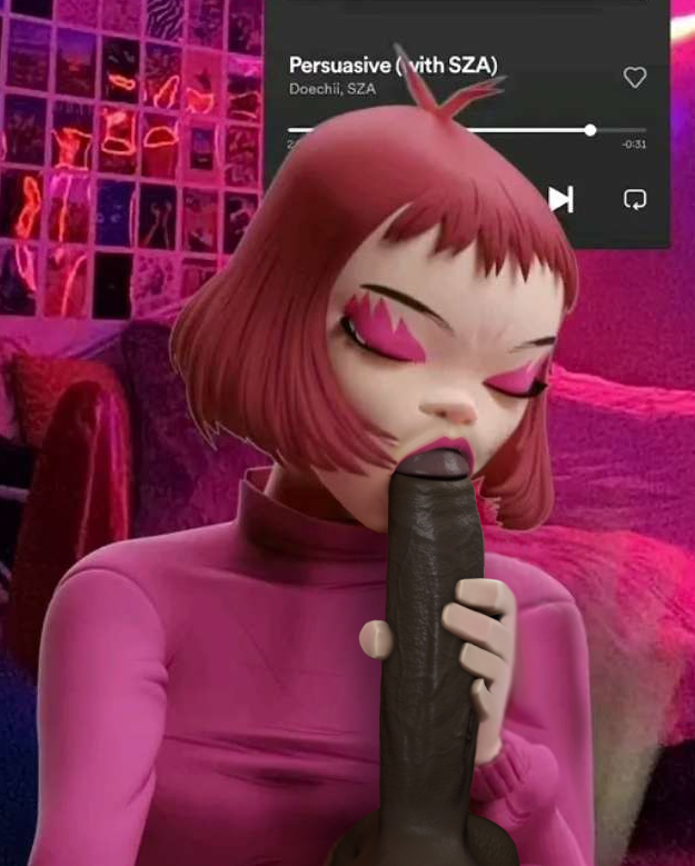 1boy 1girls 3d 3d_(artwork) big_penis blowjob blowjob_face clothing dark-skinned_male dark_skin edit female gorillaz human interracial light-skinned_female male noodle_(cracker_island) noodle_(gorillaz) oral pale_skin woolfy_thebitch