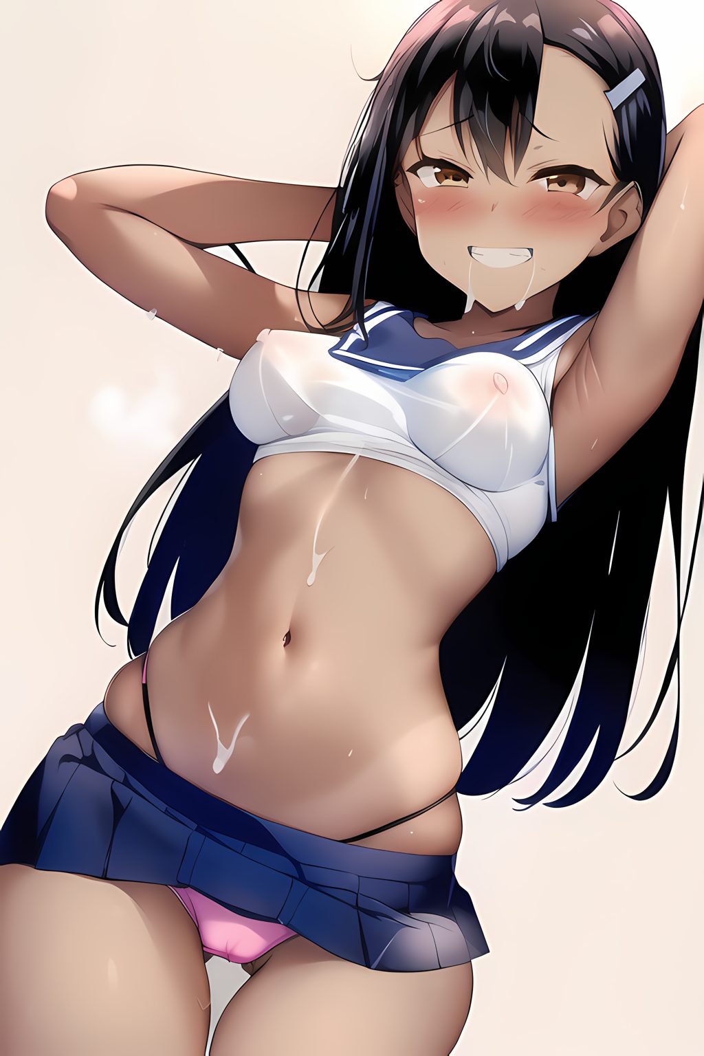 1girls, ai generated, areolae, black hair, blush, breasts, brown eyes, clothed, clothing, female, female focus, female only, hayase nagatoro, hi res, highres, long hair, looking at viewer, mysterious account (artist), nipples, please don't bully me, nagatoro, revealing clothes, school uniform, schoolgirl, simple background, skirt, small breasts, smile, solo, sweat, tan, tan body, tan skin, tan-skinned female, tanned, tanned female, transparent clothing, underwear, upskirt