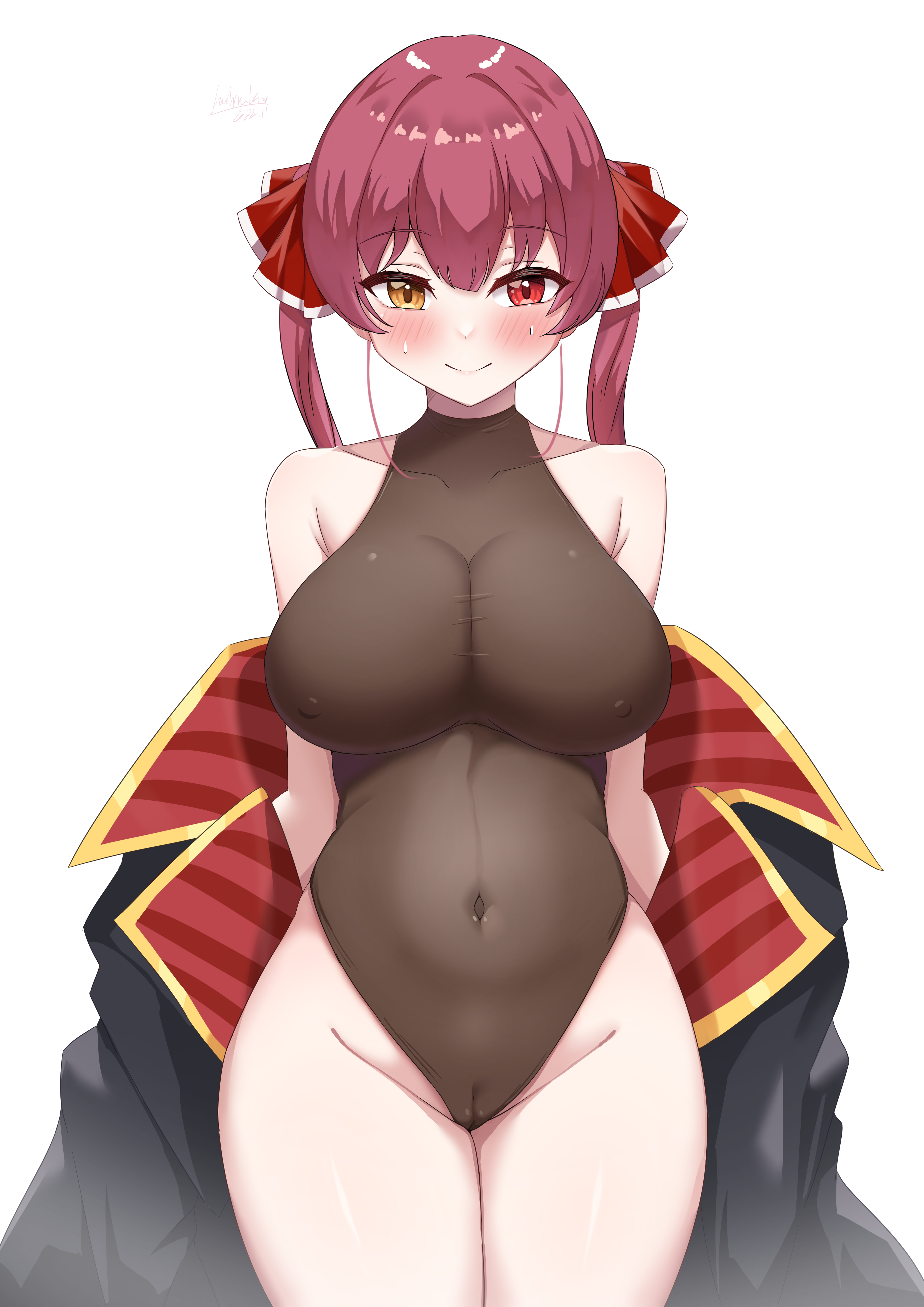:>, 1girls, armpit crease, belly, belly bulge, belly button, big breasts, blush, blushing at viewer, breasts, cleavage, cleavage overflow, clothed, clothing, coat, embarrassed, female, female only, groin, hair ornament, hashira 14, heterochromia, hololive, hololive fantasy, hololive japan, houshou marine, large breasts, leotard, long hair, looking at viewer, nipple bulge, nipples, nipples visible through clothing, pussy, pussy visible through clothes, red eyes, red hair, simple background, spandex, sweat, thighs, tight clothes, tight clothing, twintails, undressing, virtual youtuber, white background, yellow eyes