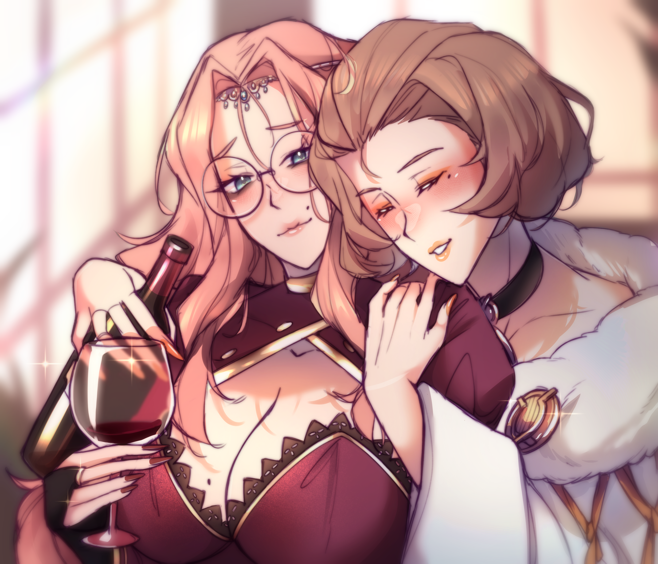 2girls, absurdres, alcohol, alternate costume, alternate universe, blue eyes, bottle, breasts, brooch, brown hair, choker, cleavage, collar, cornelia arnim, cuddling, cup, drinking glass, drunk, eyeshadow, female, female only, fire emblem, fire emblem: three houses, glasses, highres, large breasts, light skin, light-skinned female, lipstick, manuela casagranda, mature, mature female, mole, mole above mouth, mole on breast, mole under eye, multiple females, multiple girls, nams (nams schmellows), nintendo, orange eyeshadow, orange lips, orange lipstick, painted nails, sleeping, unconscious, wholesome, wine, wine bottle, wine glass