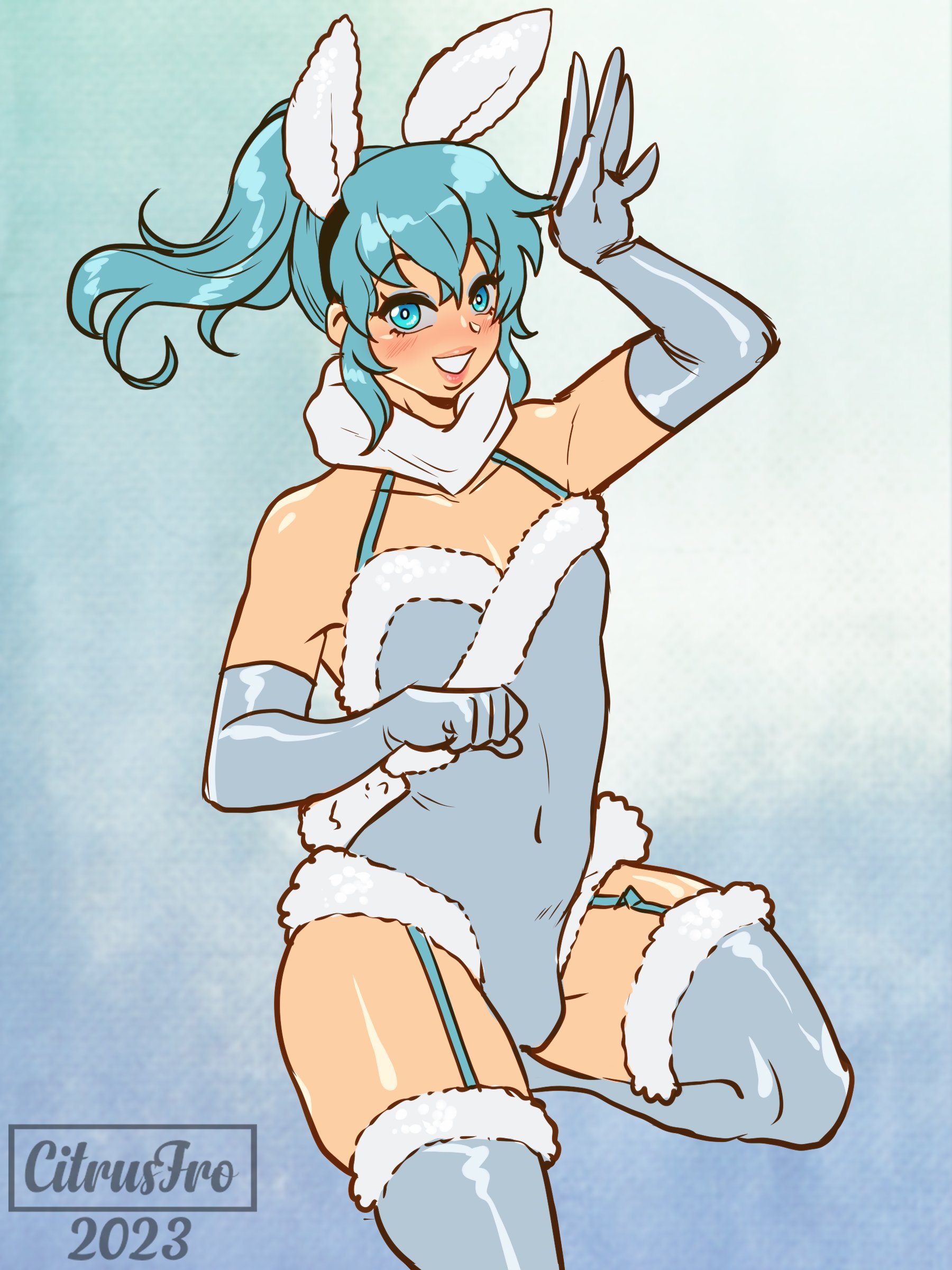 1boy, 2023, aqua eyes, aqua hair, arm gloves, bent leg, blush, bulge, bunny ears, bunny ears (cosmetic), citrusfro, femboy, garter straps, girly, hi res, legwear, leotard, long hair, looking at viewer, male, male only, penis, penis bulge, ponytail, smiling, smiling at viewer, solo, standing on one leg, winter clothes