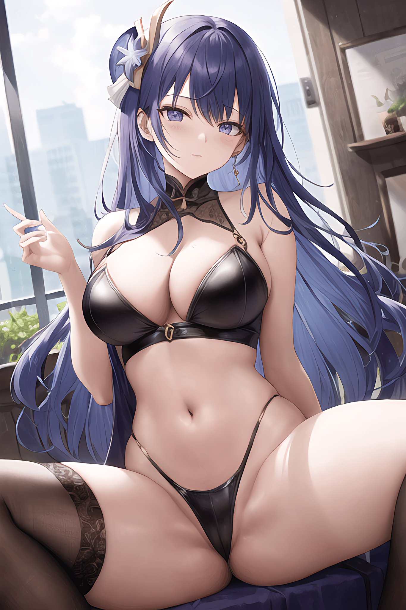 1girls, ai generated, big breasts, bikini, breasts, curvaceous, curvy, curvy body, curvy female, curvy figure, female, genshin impact, high resolution, legwear, looking at viewer, mihoyo, raiden shogun, seductive look, spread legs, underwear