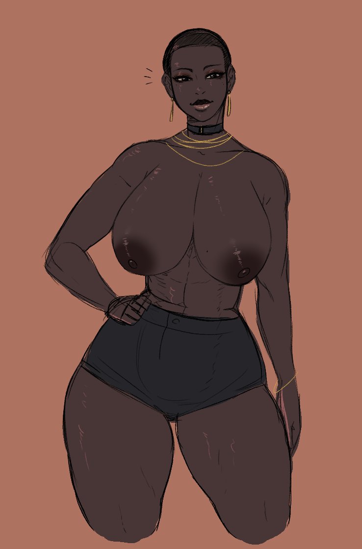 1girls 2021 areolae big_breasts black_eyes breasts choker dark-skinned_female dark_skin earrings eshe_(franktonius) female female_only franktonius hand_on_hip looking_at_viewer narrowed_eyes nipples shaved_head short_hair shorts simple_background sketch smiling smiling_at_viewer solo thick_thighs topless