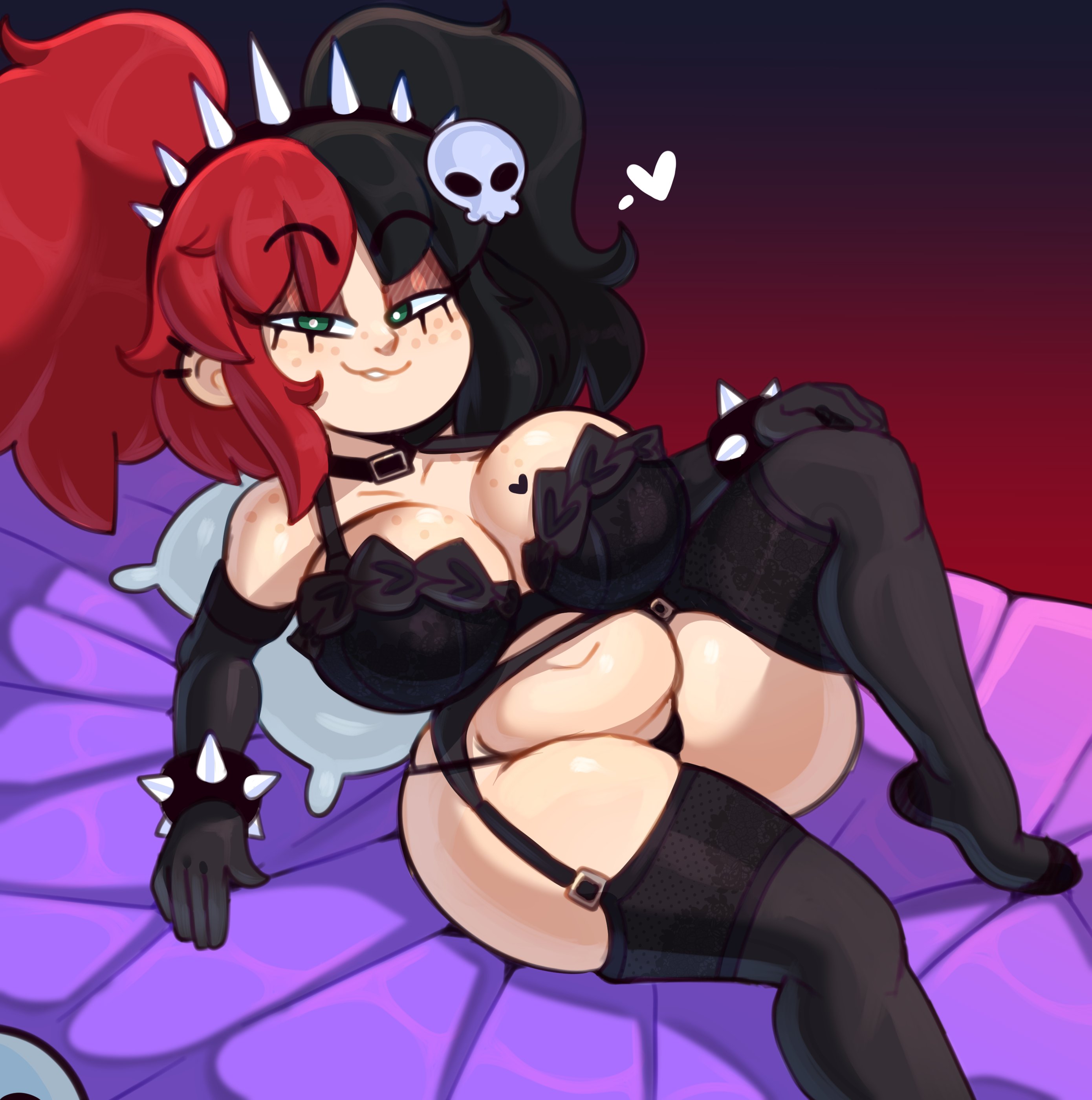 1girls, armwear, ass, bed, big breasts, bra, breasts, chest tattoo, choker, commission, ellie walls (odysseyellie), female, female only, freckles, garter belt, garter straps, goth, goth girl, green eyes, heart tattoo, huge breasts, large ass, lingerie, looking at viewer, pillow, skull hair ornament, slightly chubby, solo, somescrub, spiked bracelet, spiked hairband, tattoo, thick thighs, thighhighs, two-tone hair, wide hips