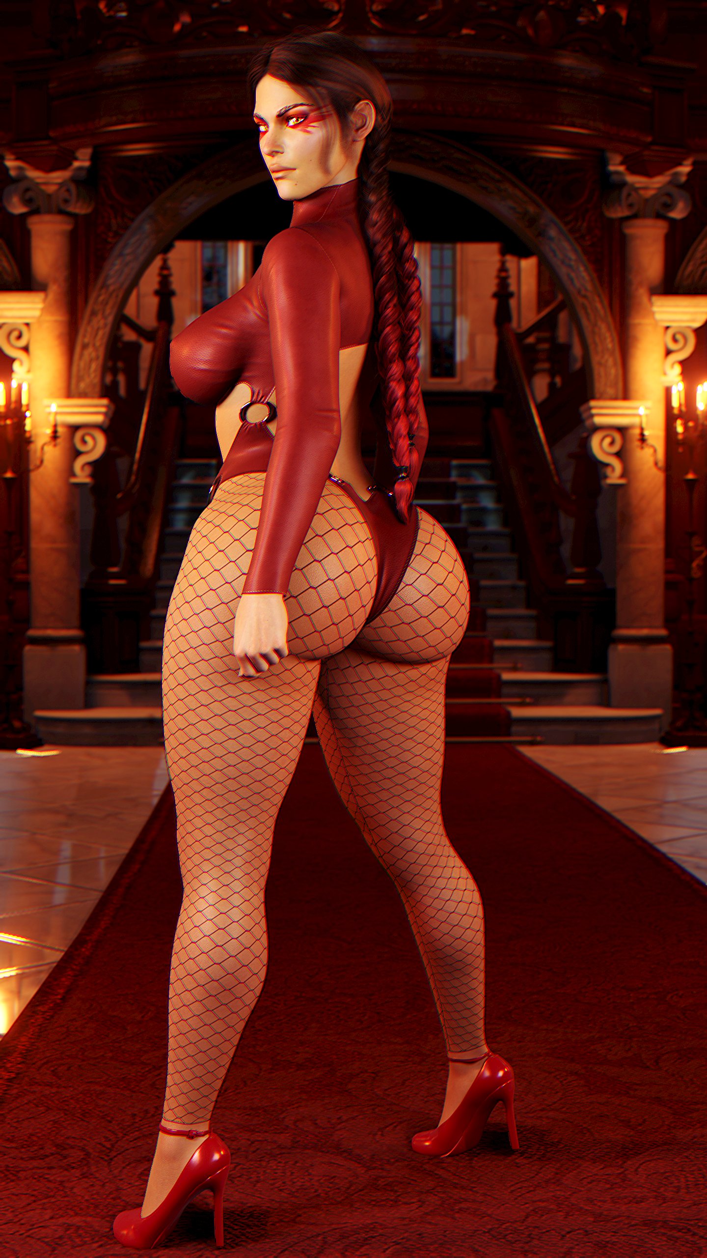 1girls, 3d, apex legends, ass, big ass, big breasts, braid, braided hair, breadcrumb, breasts, dark skin, dark-skinned female, electronic arts, female, female only, fishnet legwear, fishnet stockings, fishnets, large breasts, loba (apex legends), red hair, red nail polish, red nails, respawn entertainment, solo, solo female, standing, thick thighs, wide hips, yellow eyes