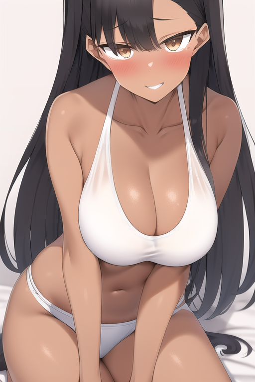 1girls, ai generated, big breasts, black hair, blush, bra, breasts, brown eyes, cleavage, clothed, clothing, curvy, female, female focus, female only, hayase nagatoro, hi res, long hair, looking at viewer, nai diffusion, navel, panties, please don't bully me, nagatoro, revealing clothes, simple background, sitting, solo, stable diffusion, tanned, underwear, white background, wide hips