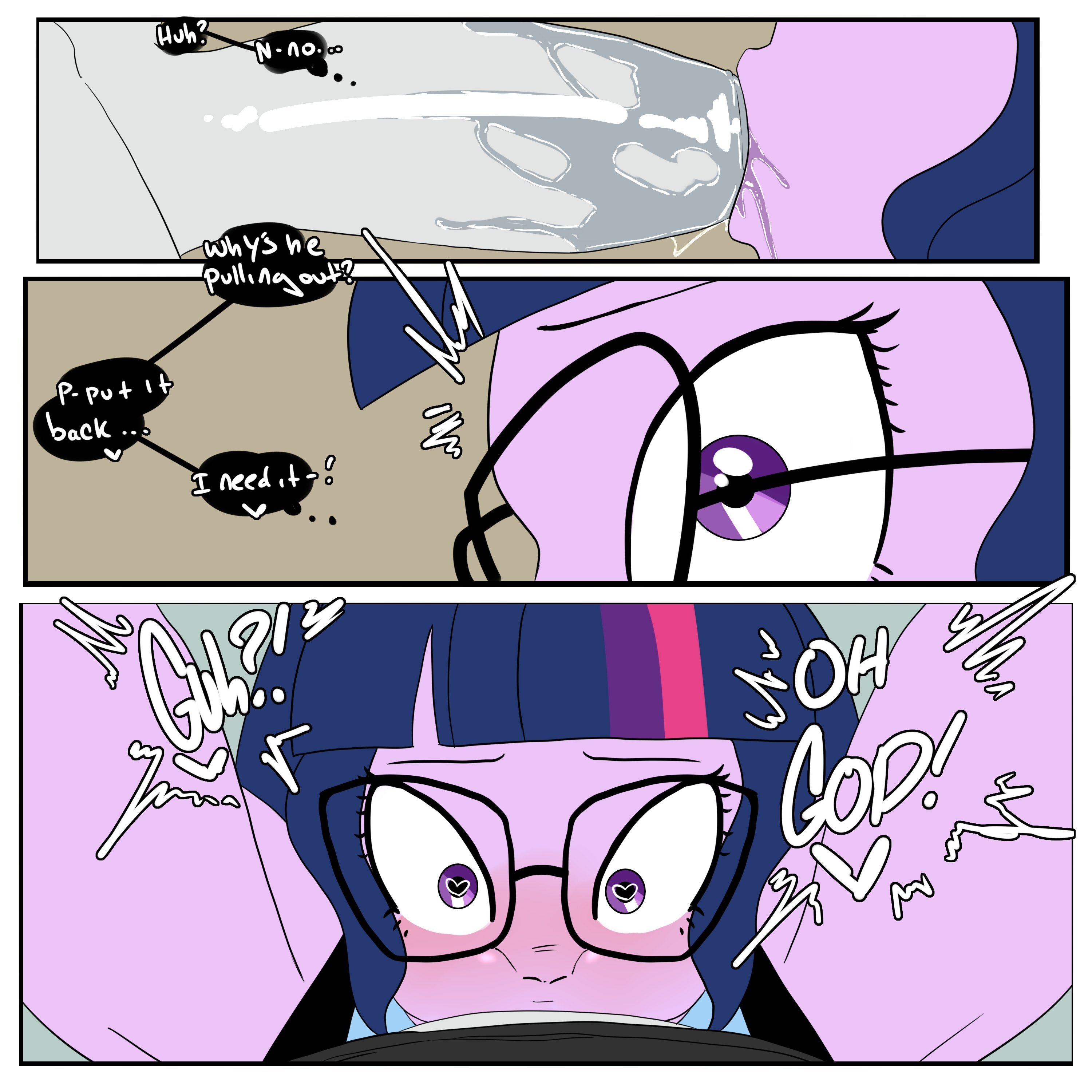 1boy, 1girls, all the way to the base, blue hair, blush, cock hungry, comic page, dark blue hair, deepthroat, deepthroat holder, deepthroat training, english text, equestria girls, fellatio, female, femsub, fringe, glasses, heart-shaped pupils, hime cut, inuyuru, male, maledom, my little pony, oral, oral sex, penis, penis worship, pleasure face, pov, purple eyes, purple skin, rumble (mlp), saliva on penis, sci-twi, surprise deepthroat, surprised, throat fuck, throat pounding