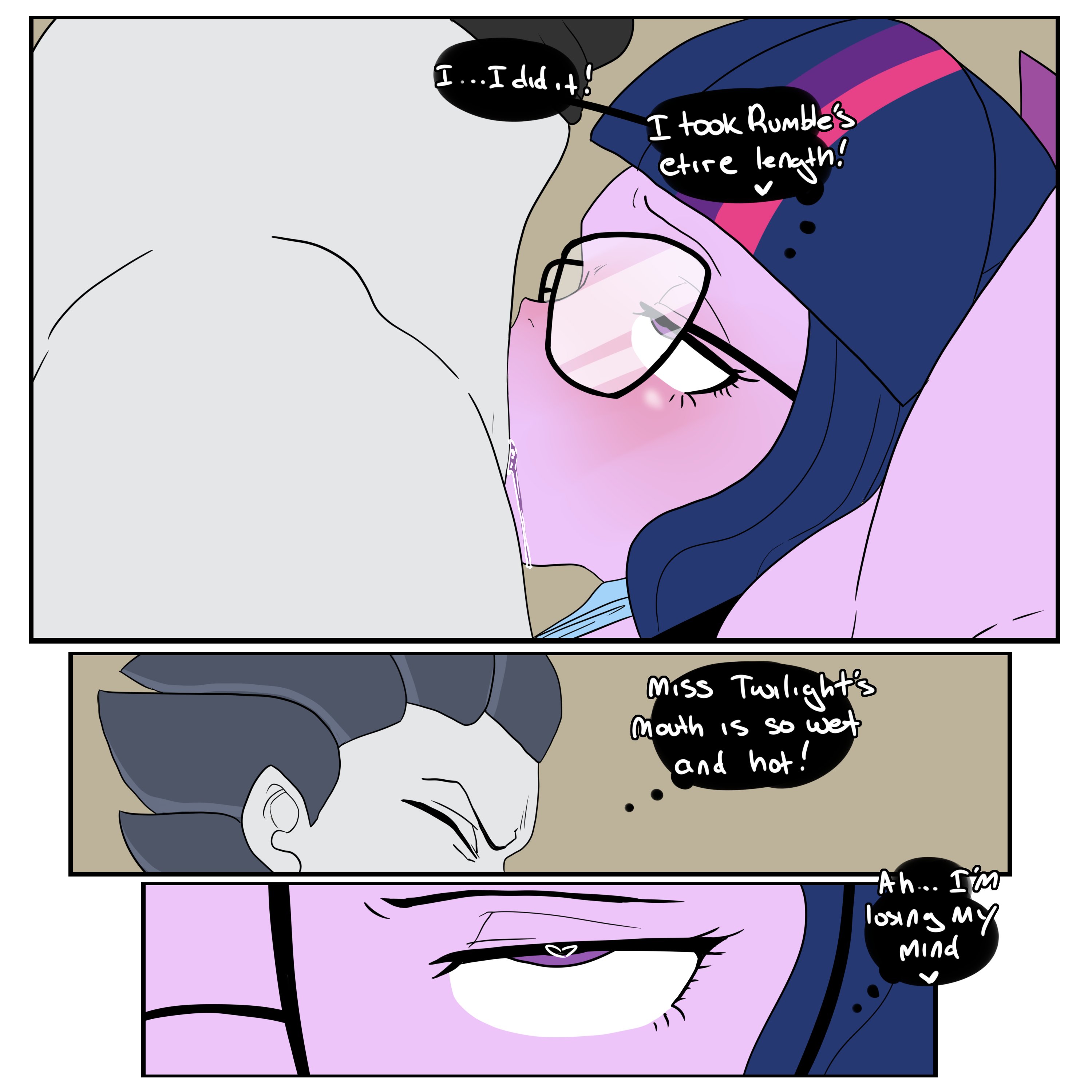 1boy, 1girls, all the way to the base, balls, balls deep, balls deep fellatio, blue hair, blush, cock hungry, comic page, dark blue hair, deepthroat, deepthroat holder, deepthroat training, english text, equestria girls, fellatio, female, femsub, friendship is magic, fringe, glasses, half-closed eyes, hasbro, heart-shaped pupils, hime cut, inuyuru, male, maledom, my little pony, oral, oral sex, penis, pleasure face, purple eyes, purple skin, rolling eyes, rumble (mlp), sci-twi, speech bubble, straight, thought bubble
