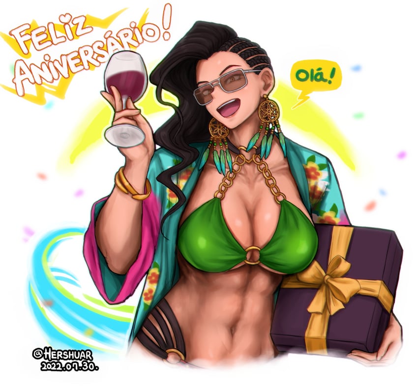 :d, 1girls, 2022, abs, asymmetrical hair, bangle, bikini, black hair, box, bracelet, brazilian, brazilian female, breasts, brown-tinted eyewear, cleavage, cornrows, cup, dark skin, dark-skinned female, dated, drinking glass, earrings, english commentary, female, female only, fully clothed, gift, gift box, green bikini, grey-framed eyewear, happy birthday, hershuar, holding, holding cup, jewelry, large breasts, laura matsuda, long hair, navel, o-ring, o-ring bikini, open mouth, portuguese text, smile, solo, speech bubble, street fighter, street fighter v, sunglasses, swimsuit, tinted eyewear, twitter username, underboob, upper body, wine glass