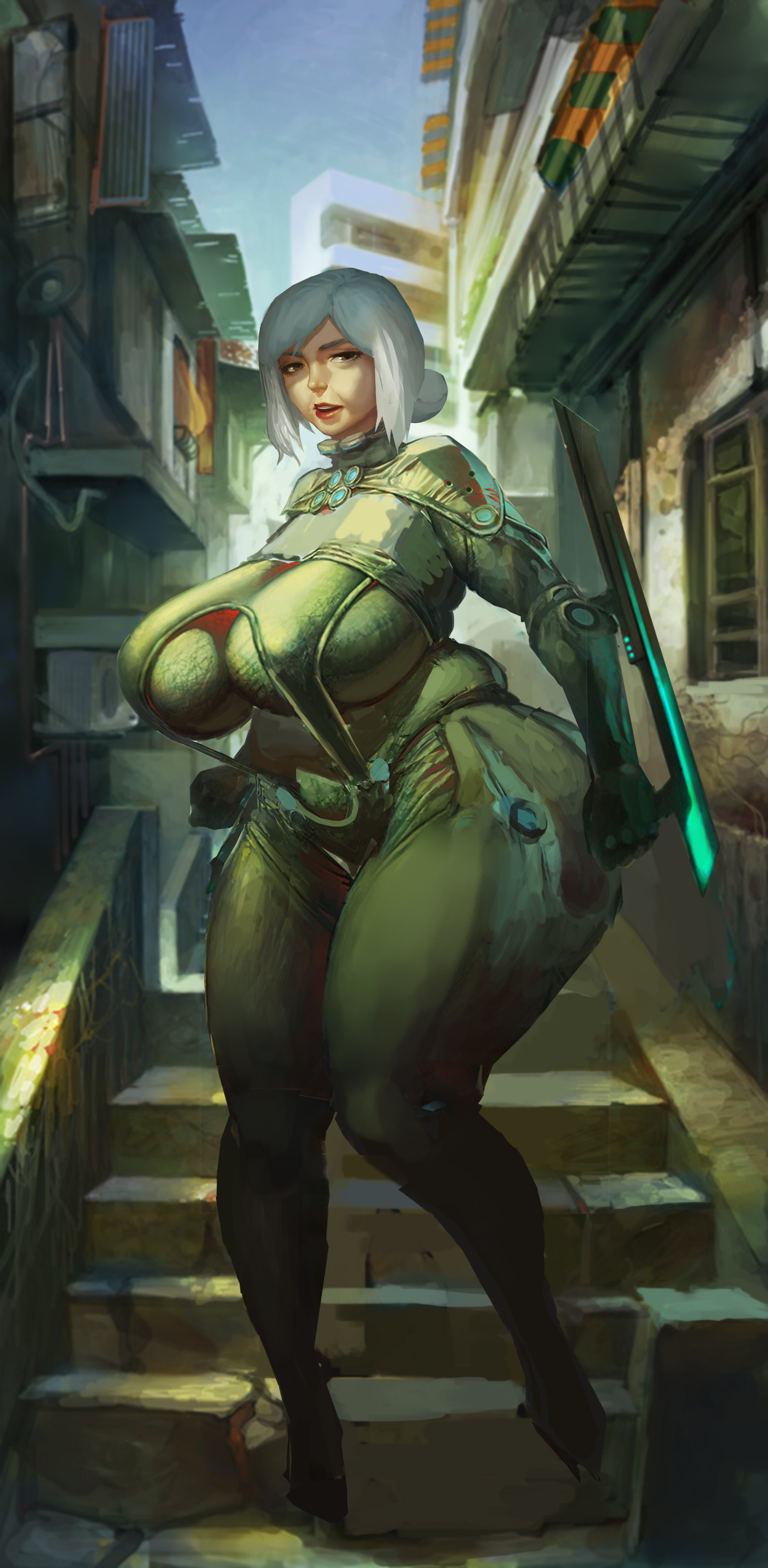 69 (artist), big breasts, bodysuit, breasts, busty, child bearing hips, elderly female, female, gilf, grey hair, hourglass figure, huge breasts, large breasts, looking at viewer, mature female, milf, thick, thick thighs, tight clothing, tight fit, voluptuous, wide hips