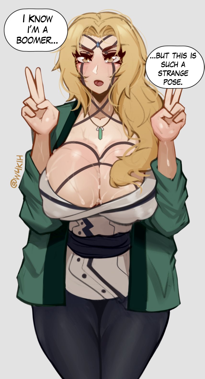 1girls, blonde hair, body markings, breasts, byakugou, cleavage, clothed, cum, cum on breasts, dialogue, double peace sign, double v, english text, female, huge breasts, light skin, light-skinned female, long hair, mature female, naruto, naruto (series), naruto shippuden, peace sign, text, tsunade, w4kih
