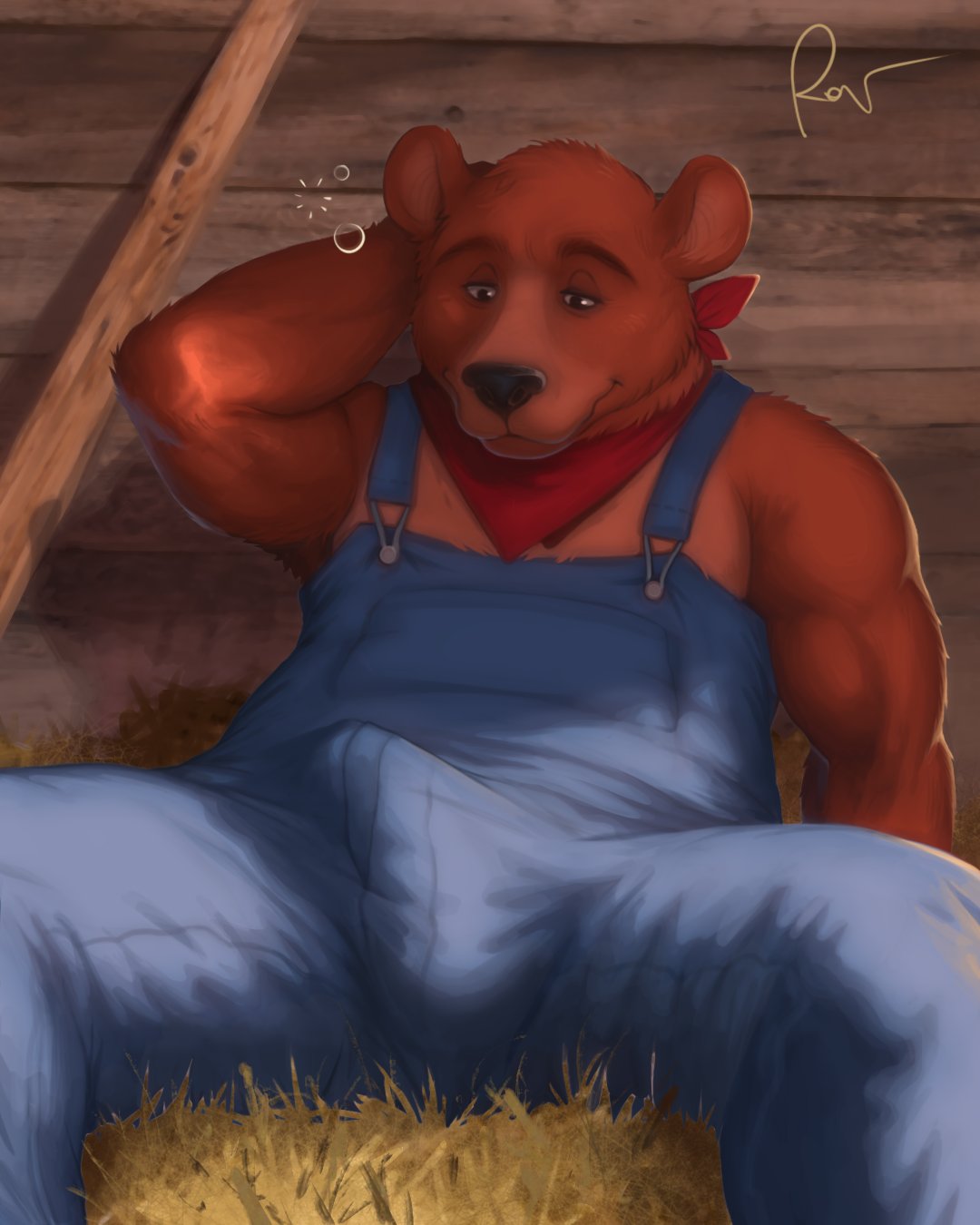 2023 anthro bear black_nose brown_body bulge clothed clothing detailed_background erection erection_under_clothing hi_res little_bear male mammal overalls rov sitting solo solo_male uncle_rusty_(little_bear)