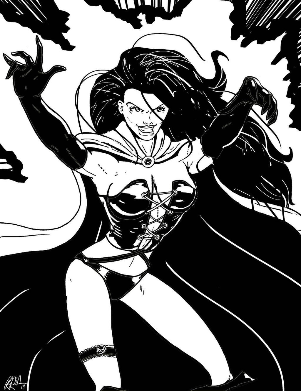 1girls arms_spread black_queen black_queen_selene breasts breasts_apart cape cleavage corset elbow_gloves feet_out_of_frame female female_only gloves hair hellfire_club jpeg long_hair marvel marvel_comics monochrome selene_gallio signature sorceress x-men