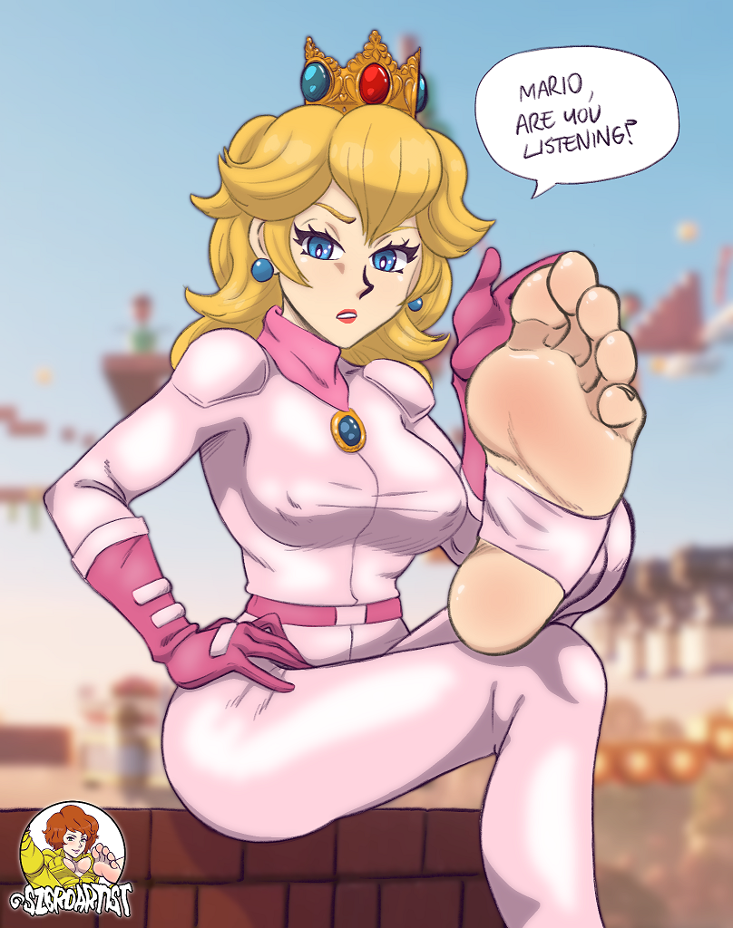 1girls blonde_hair bodysuit dialogue feet female female_only foot_fetish mario_(series) princess_peach solo stirrup_legwear super_mario_bros. super_mario_bros._(2023_film) szeroart text