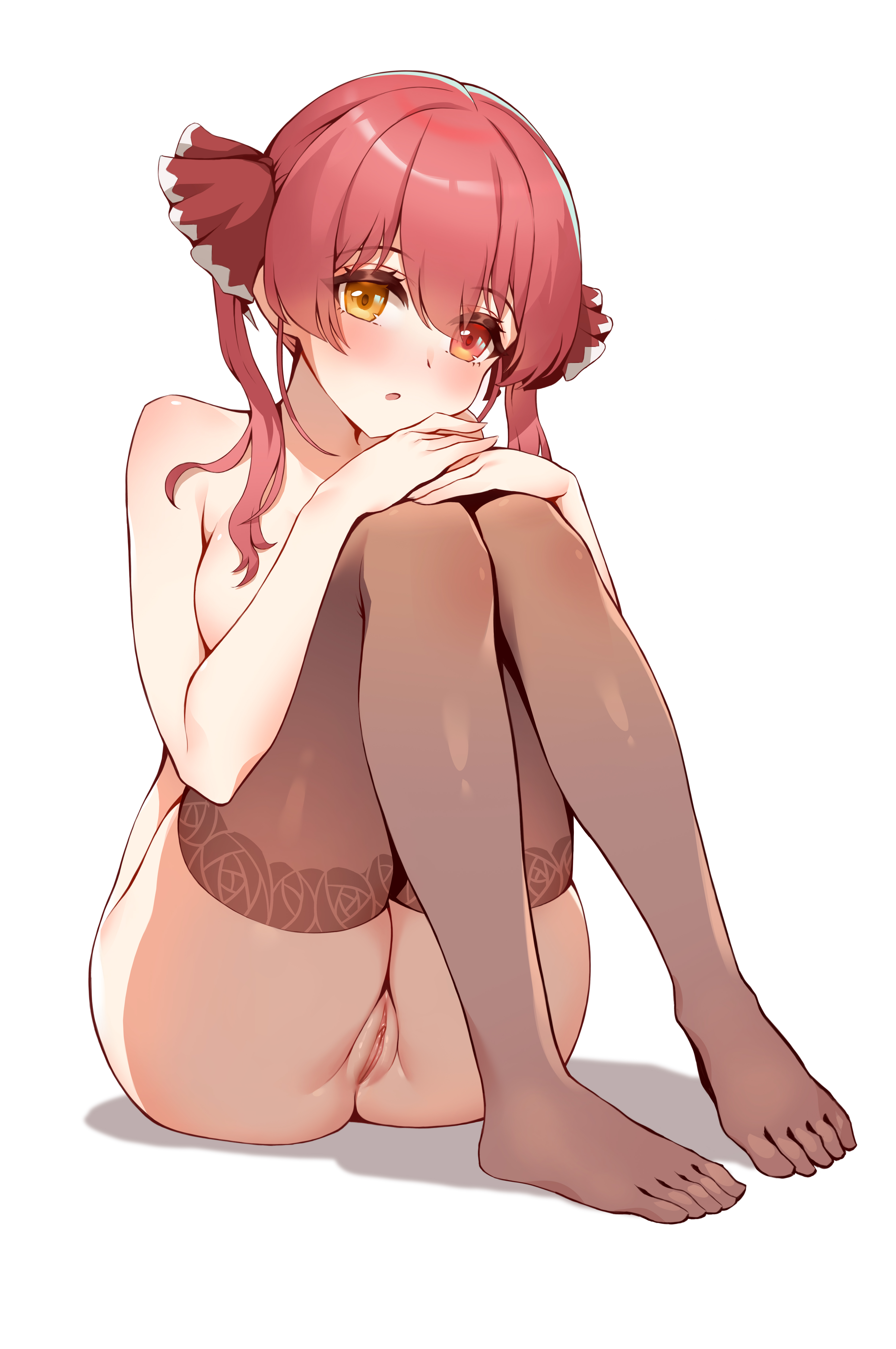 :o, 1girls, ass, bare shoulders, barefoot, blush, embarrassed, feet, feet in stockings, female, female only, hair ribbon, hands on knees, heterochromia, hololive, hololive fantasy, hololive japan, houshou marine, large breasts, legs, legwear, legwear only, light skin, light-skinned female, looking at viewer, medium hair, no bra, no panties, open mouth, pussy, red eyes, red hair, secon, sitting, solo, stockings, thick thighs, thighs, twintails, vagina, virtual youtuber, white background, yellow eyes