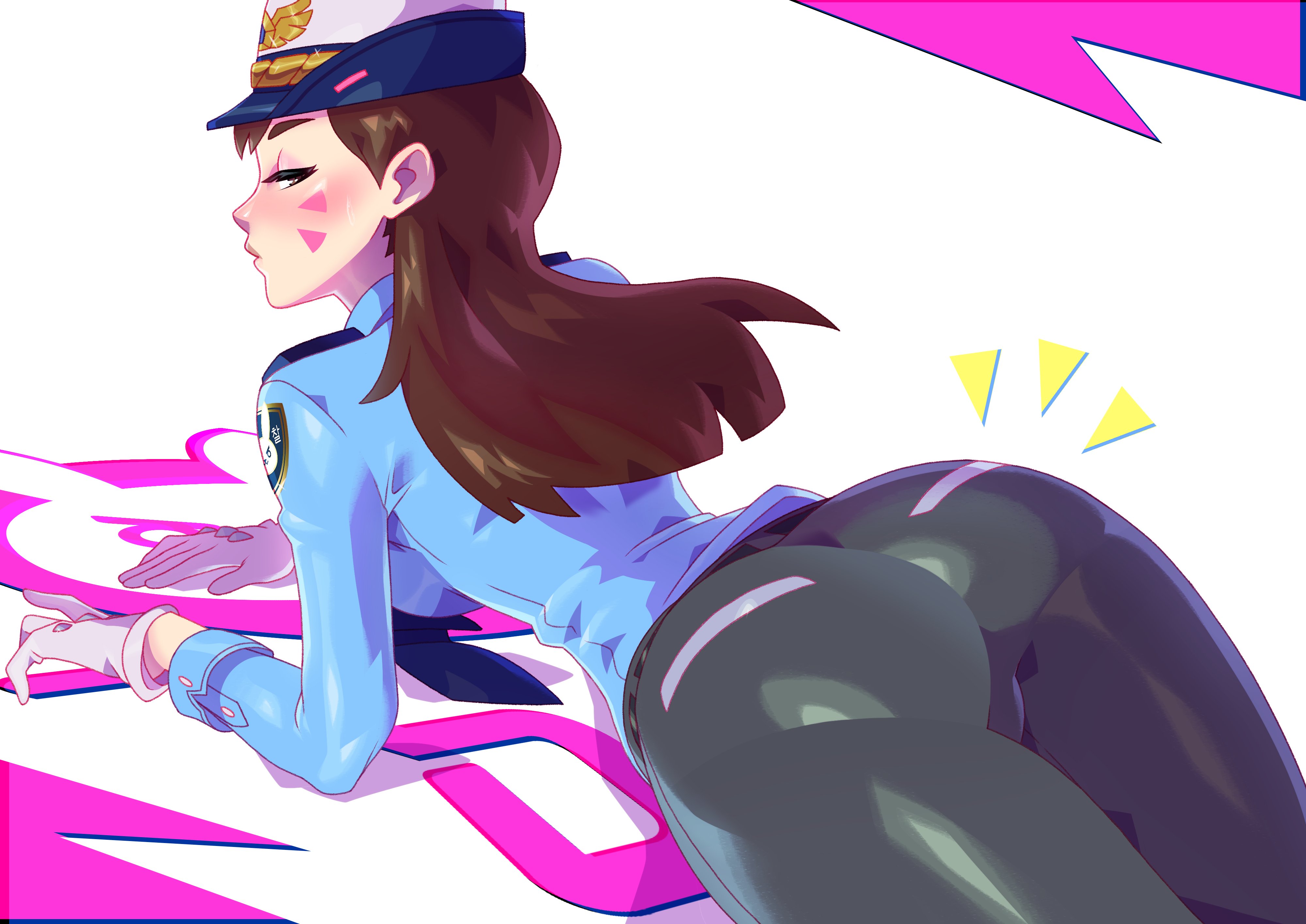 2d, ass, blizzard entertainment, blush, d.va, female, hana song, minicop2001, overwatch, overwatch 2, police officer d.va, police uniform, solo, solo female, thick ass, tight pants