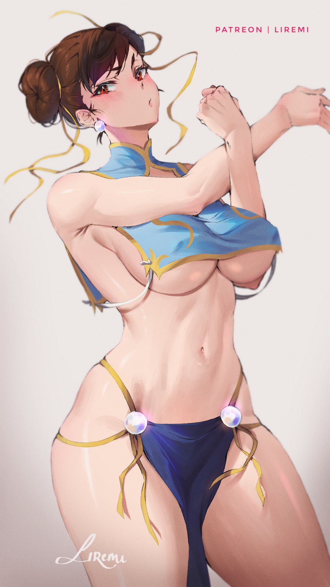 adapted_costume bare_arms bare_shoulders breast_curtain breasts brown_hair capcom chun-li cowboy_shot cross-body_stretch female frown hair_bun highres large_breasts liremi loincloth looking_at_viewer midriff navel pelvic_curtain red_eyes revealing_clothes solo stomach street_fighter thighs underboob voluptuous