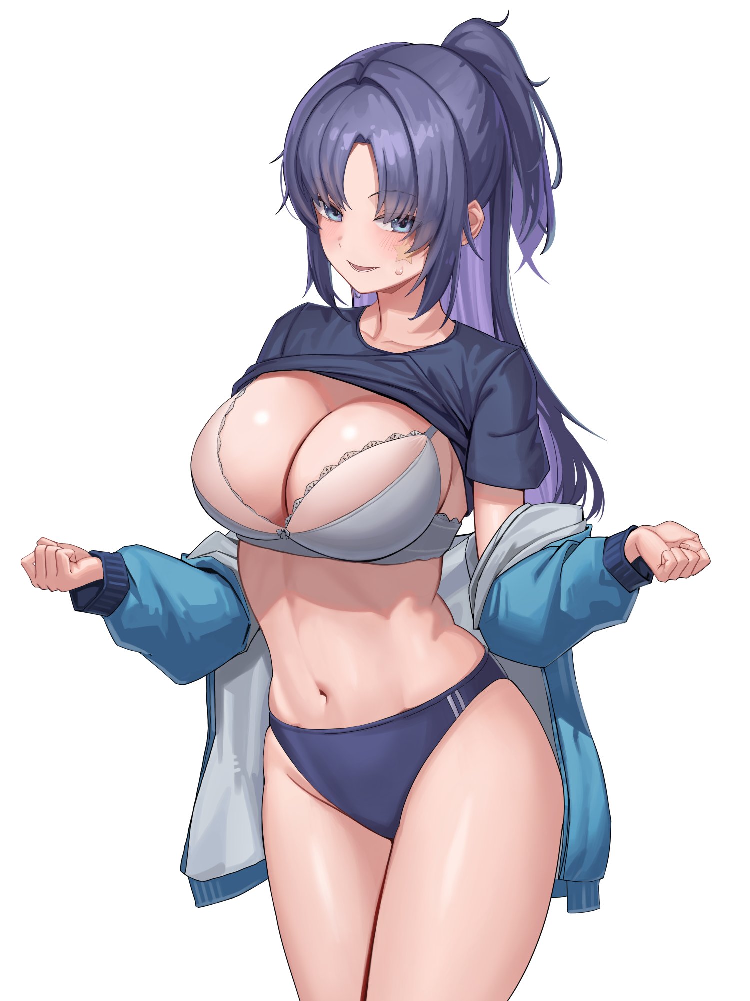 1girls, black shirt, blue archive, blue eyes, blue hair, blue jacket, blush, bow, bow bra, bra, breasts, buruma, cleavage, cowboy shot, eyebrows visible through hair, female, female only, grey bra, gym uniform, hi res, kekko 044, large breasts, light skin, light-skinned female, long hair, looking at viewer, millennium science school student, navel, official alternate costume, open mouth, seminar (blue archive), shirt lift, smile, solo, sweat, thighs, tied hair, white background, yuuka (blue archive), yuuka (gym uniform) (blue archive)