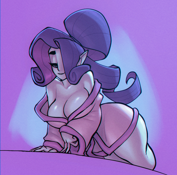 bathrobe, bigdad, blue eyes, breasts, cleavage, female, female focus, female only, friendship is magic, hasbro, humanized, my little pony, purple hair, rarity (mlp), straight hair