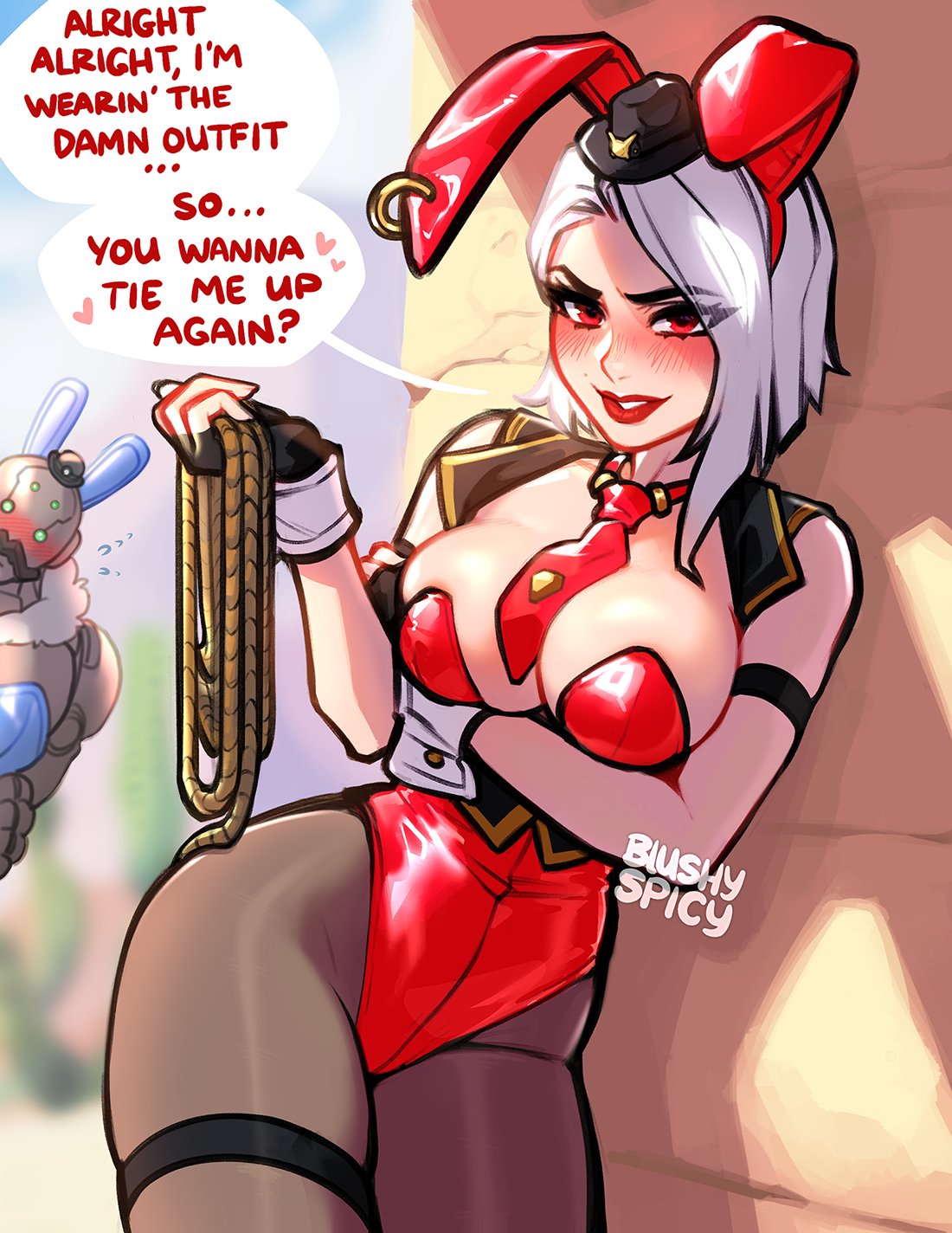 1girls artist_logo artist_name artist_signature ashe_(overwatch) background background_character blurred_background blurry_background blush blushing blushypixy blushyspicy bunny_ears bunny_girl bunnysuit cleavage embarrassed eyebrows eyebrows_visible_through_hair eyelashes eyelashes_visible_through_hair eyes_visible_through_hair hand_under_breasts handwear hartman_hips hips holding_object holding_rope hourglass_figure imminent_bondage leaning leaning_against_wall leggings legwear looking_at_viewer love_heart overwatch reluctant rope seductive short_hair speech speech_bubble story text_bubble three-quarter_portrait three-quarter_view tie tight_clothing url watermark white_hair wide_hips