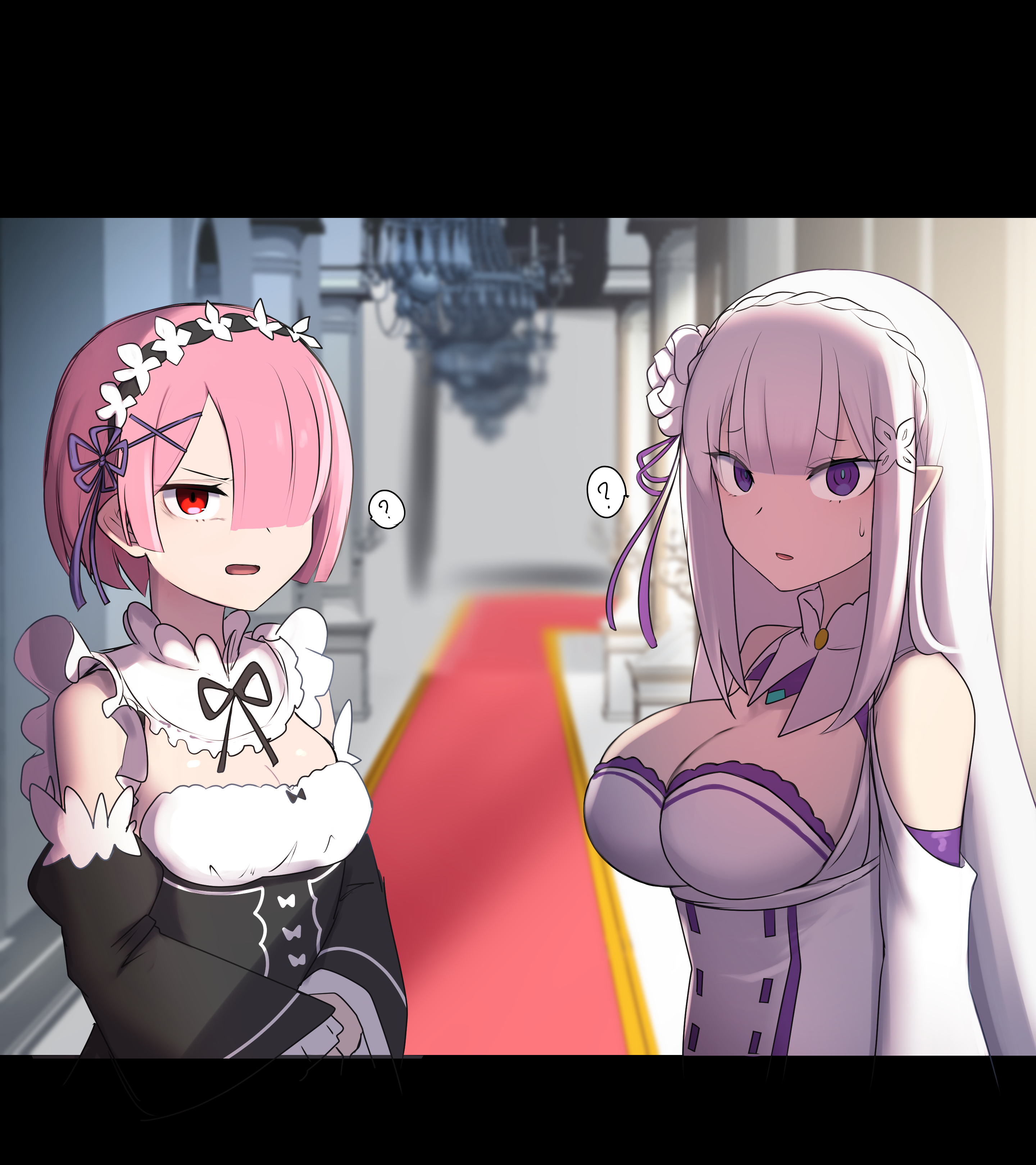2girls, akaoni (zumt3548/akakiryu2m), big breasts, breasts, elf, elf ears, elf female, emilia (re:zero), female, light skin, light-skinned female, pink hair, pointy ears, purple eyes, question mark, ram (re:zero), re:zero kara hajimeru isekai seikatsu, red eyes, silver hair