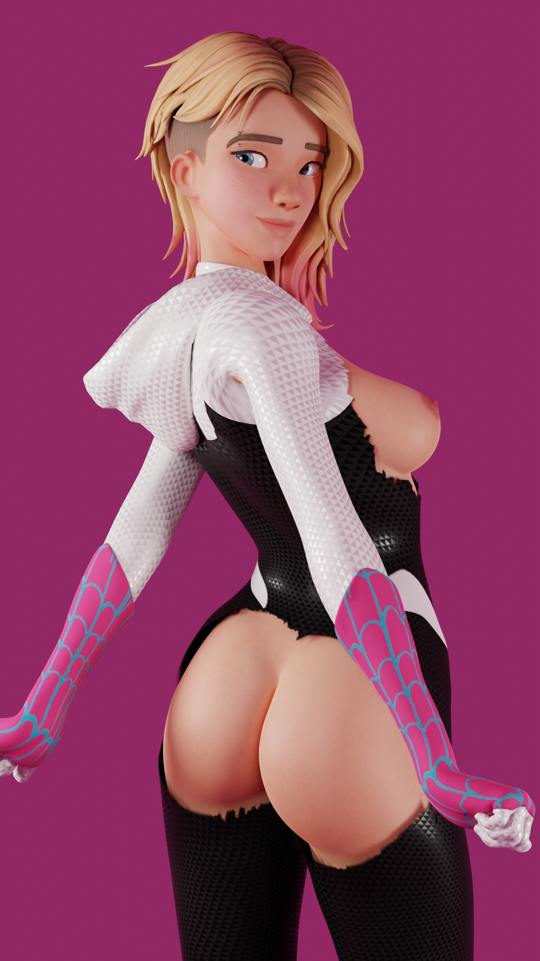 3d, ass, blonde hair, eyebrow piercing, female, fortnite, greyarea55, gwen stacy, marvel, marvel comics, nude, solo, spider-gwen, spider-man (series)