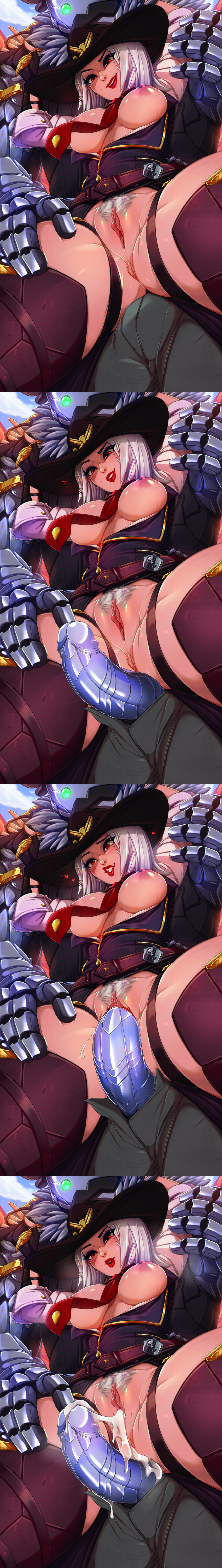 1boy 1girls 2d after_sex after_vaginal anus arms_up ashe_(overwatch) bangs belt black_pants blizzard_entertainment bob_(overwatch) breasts brown_belt brown_gloves brown_thighhighs cowboy_hat cum cum_in_pussy female female_pubic_hair fingerless_gloves from_below gloves grey_hair hat highres imminent_penetration large_breasts legs_apart long_hair mechanical_arms mechanical_penis merunyaa necktie nipple_piercing nipples overwatch pants penis piercing pubic_hair pussy red_lips red_necktie shiny shiny_skin smile straight teeth thighhighs